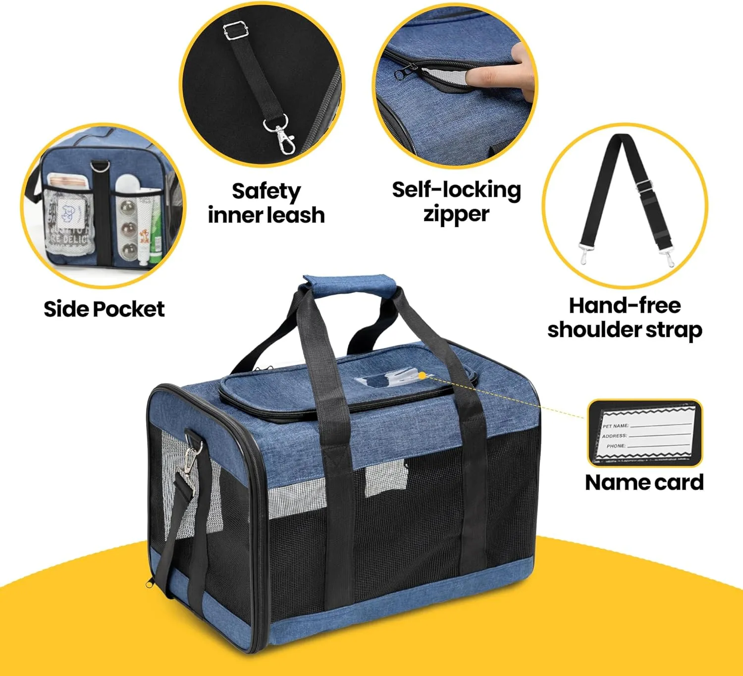 Cat Carrier Airline Approved, Soft-Sided Dog Carrier with Inner Safety Leash, Pet Transport Carrier for Small-Medium Cats Puppies up to 15 Lbs, Collapsible Travel Kitten Carrier Bag -Blue M