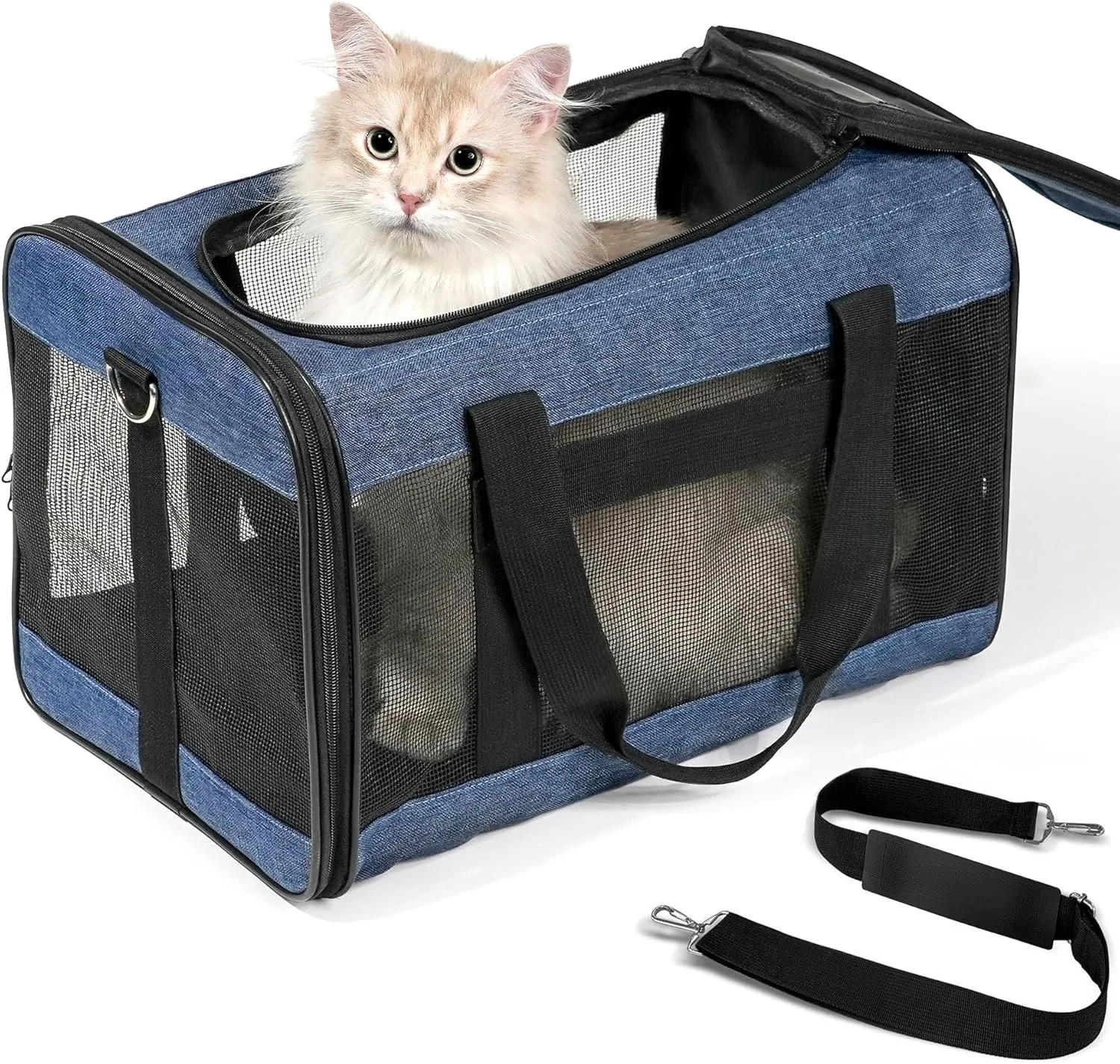 Cat Carrier Airline Approved, Soft-Sided Dog Carrier with Inner Safety Leash, Pet Transport Carrier for Small-Medium Cats Puppies up to 15 Lbs, Collapsible Travel Kitten Carrier Bag -Blue M