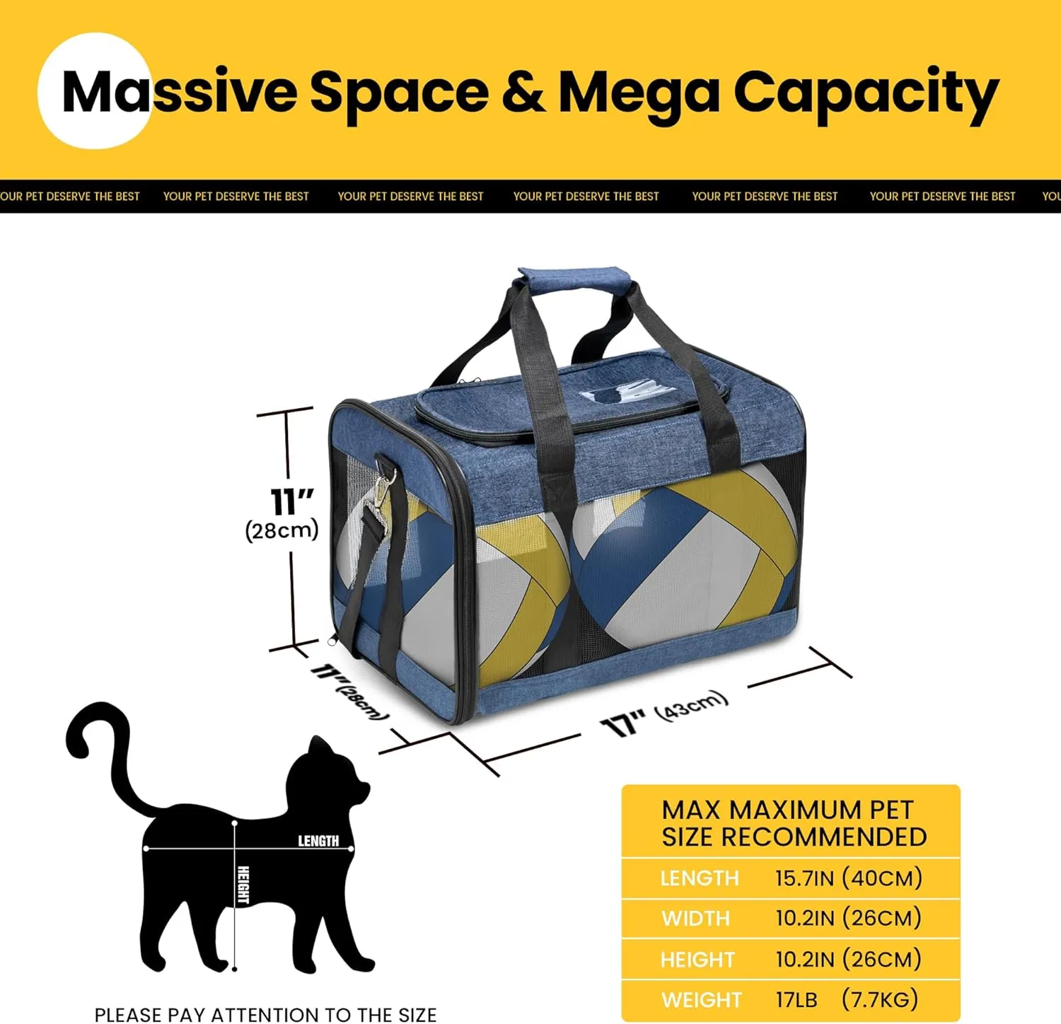 Cat Carrier Airline Approved, Soft-Sided Dog Carrier with Inner Safety Leash, Pet Transport Carrier for Small-Medium Cats Puppies up to 15 Lbs, Collapsible Travel Kitten Carrier Bag -Blue M