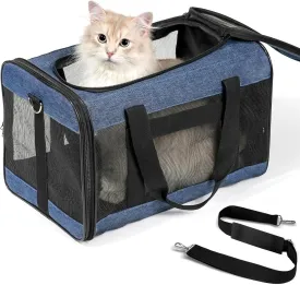 Cat Carrier Airline Approved, Soft-Sided Dog Carrier with Inner Safety Leash, Pet Transport Carrier for Small-Medium Cats Puppies up to 15 Lbs, Collapsible Travel Kitten Carrier Bag -Blue M