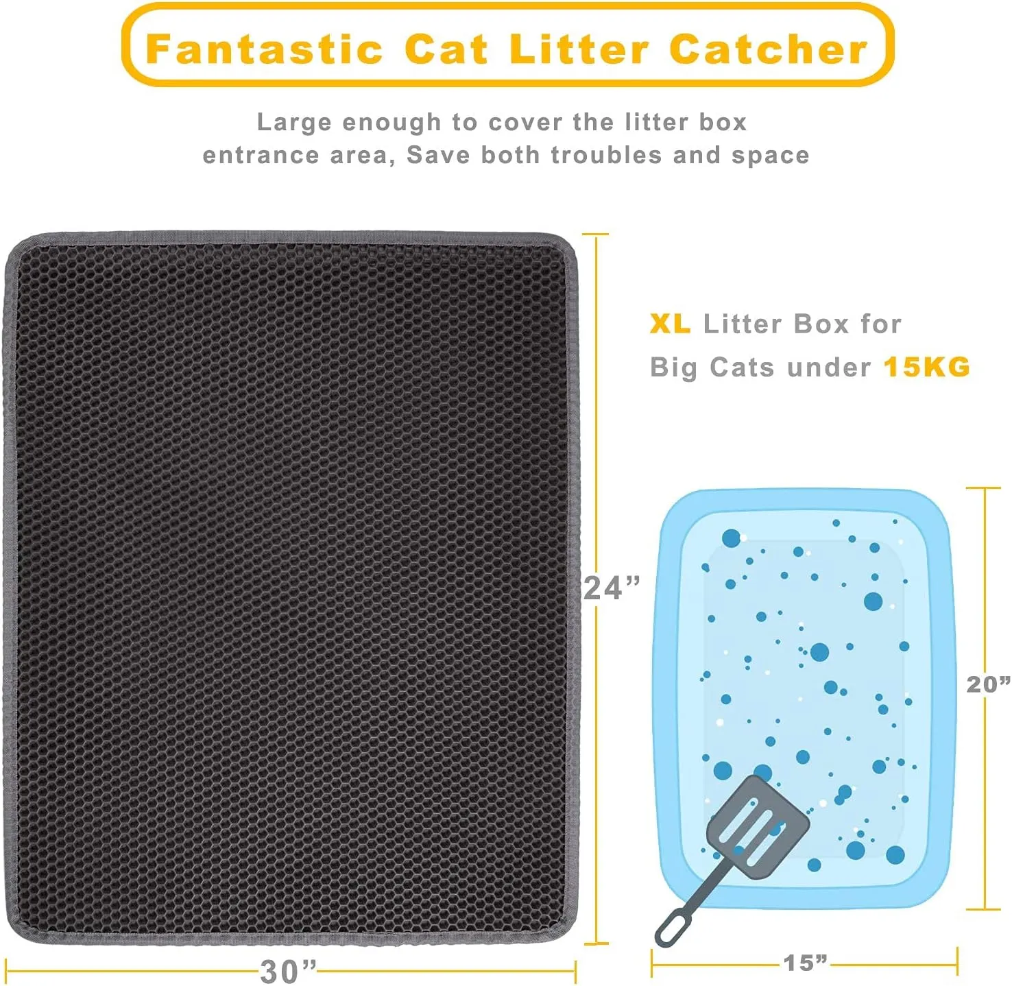 Cat Litter Mat Grey Trapping for Litter Box, XL Jumbo 30 x 24 in, Urine & Waterproof, Honeycomb Double Layer Anti Tracking Kitty Mats, No Phthalate, Washable Easy Clean, Scatter Control