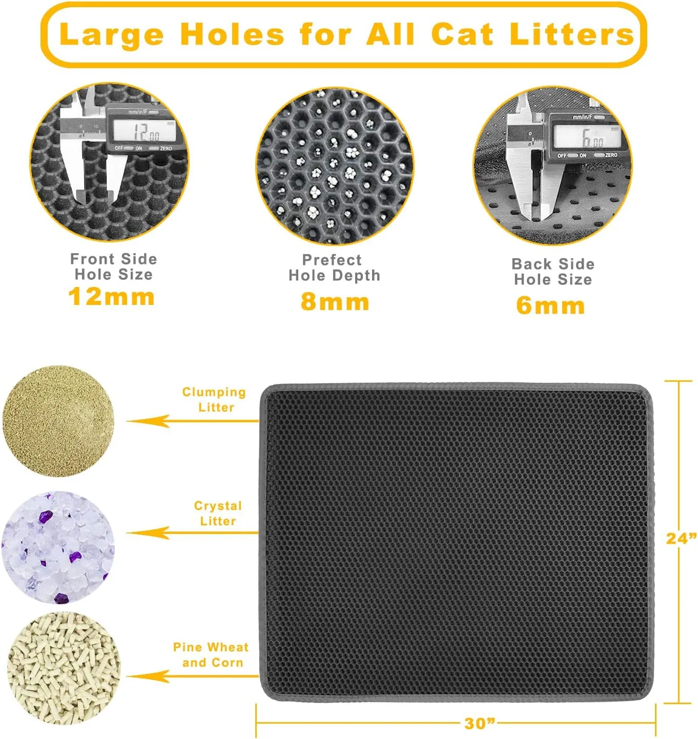Cat Litter Mat Grey Trapping for Litter Box, XL Jumbo 30 x 24 in, Urine & Waterproof, Honeycomb Double Layer Anti Tracking Kitty Mats, No Phthalate, Washable Easy Clean, Scatter Control