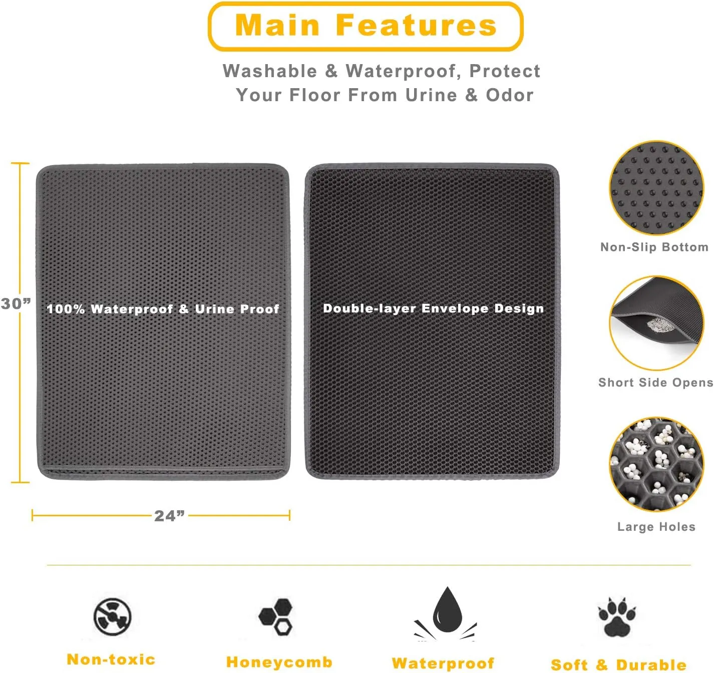 Cat Litter Mat Grey Trapping for Litter Box, XL Jumbo 30 x 24 in, Urine & Waterproof, Honeycomb Double Layer Anti Tracking Kitty Mats, No Phthalate, Washable Easy Clean, Scatter Control