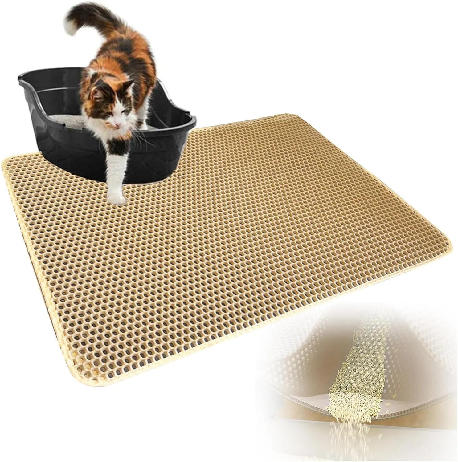 Cat Mats for Litter, 24X35In/26X46In Honeycomb Double Layer Cat Litter Catcher Cat Litter Trap Mat, Less Waste,Soft On Paws,Non-Slip,26X46In-Beige