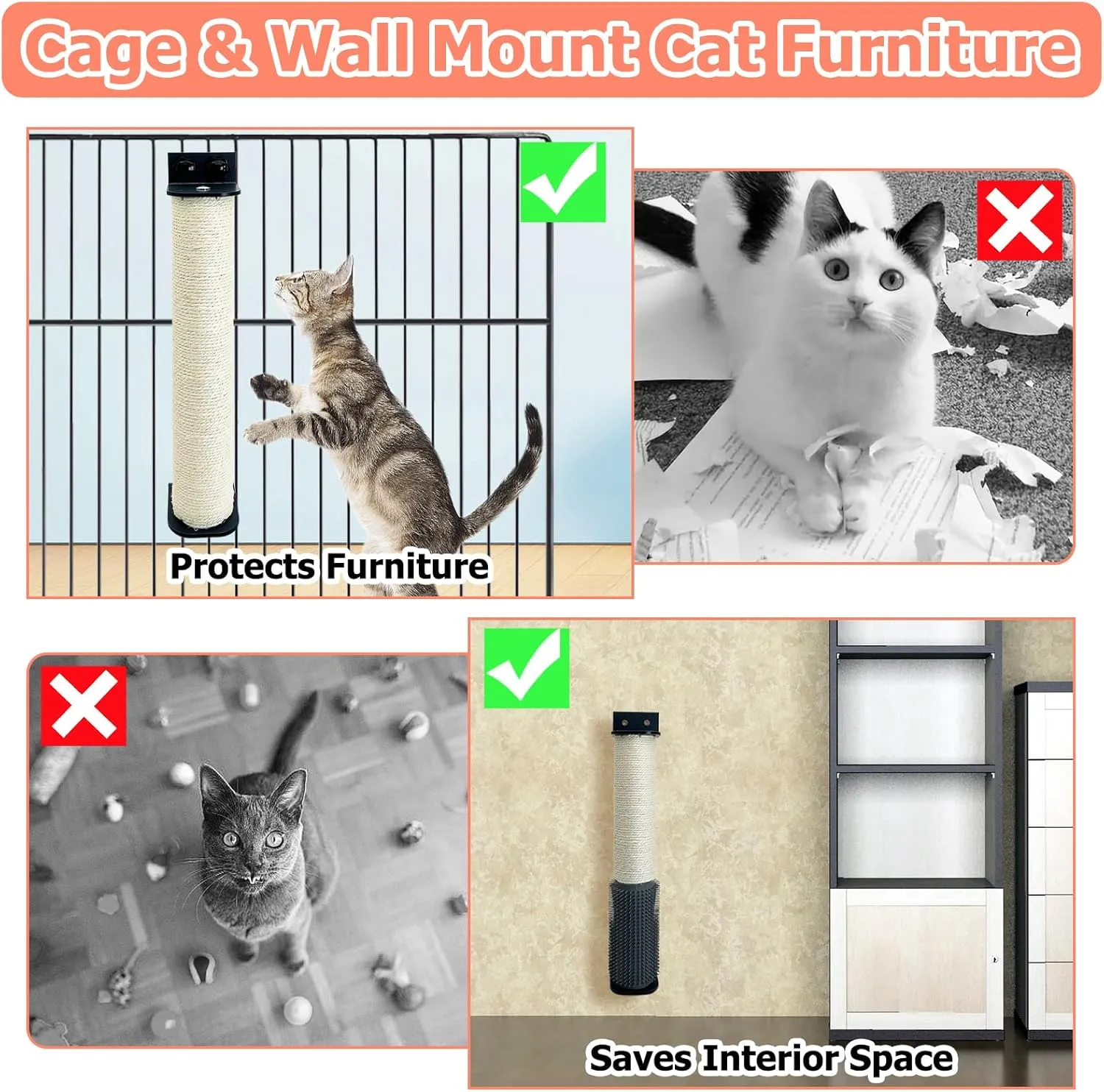 Cat Scratching Post Wall Mounted 2 Pack Cage Mount Cat Scratcher 2-in-1 Natural Sisal Kitty Scratch Posts with Self Groomer Massager for Scratch and Climbing 15.7x2.7in (White)