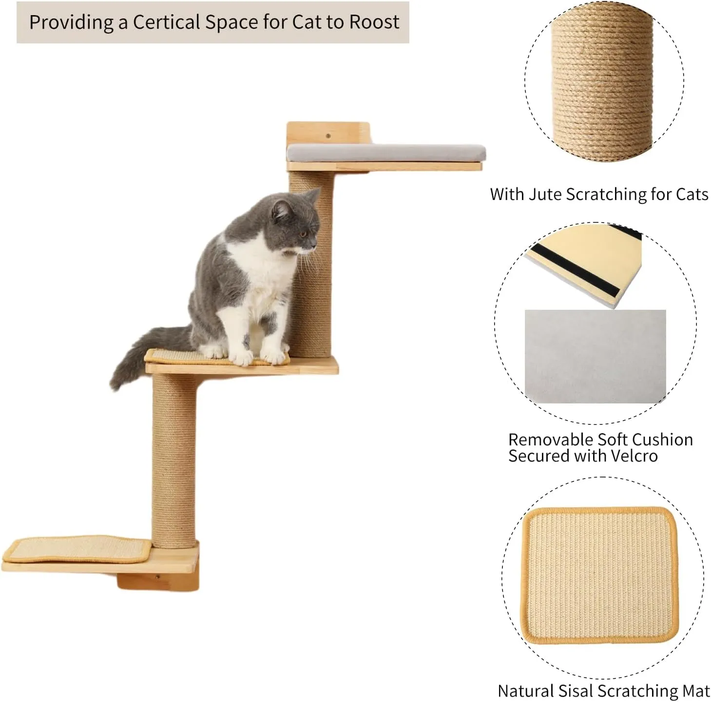 Cat Wall Shelves, 3-in-1 Transformable Wall-Mounted Scratching Post, Cat Tree Shelf & Climbing Steps for Play, Climb & Scratch (Large)
