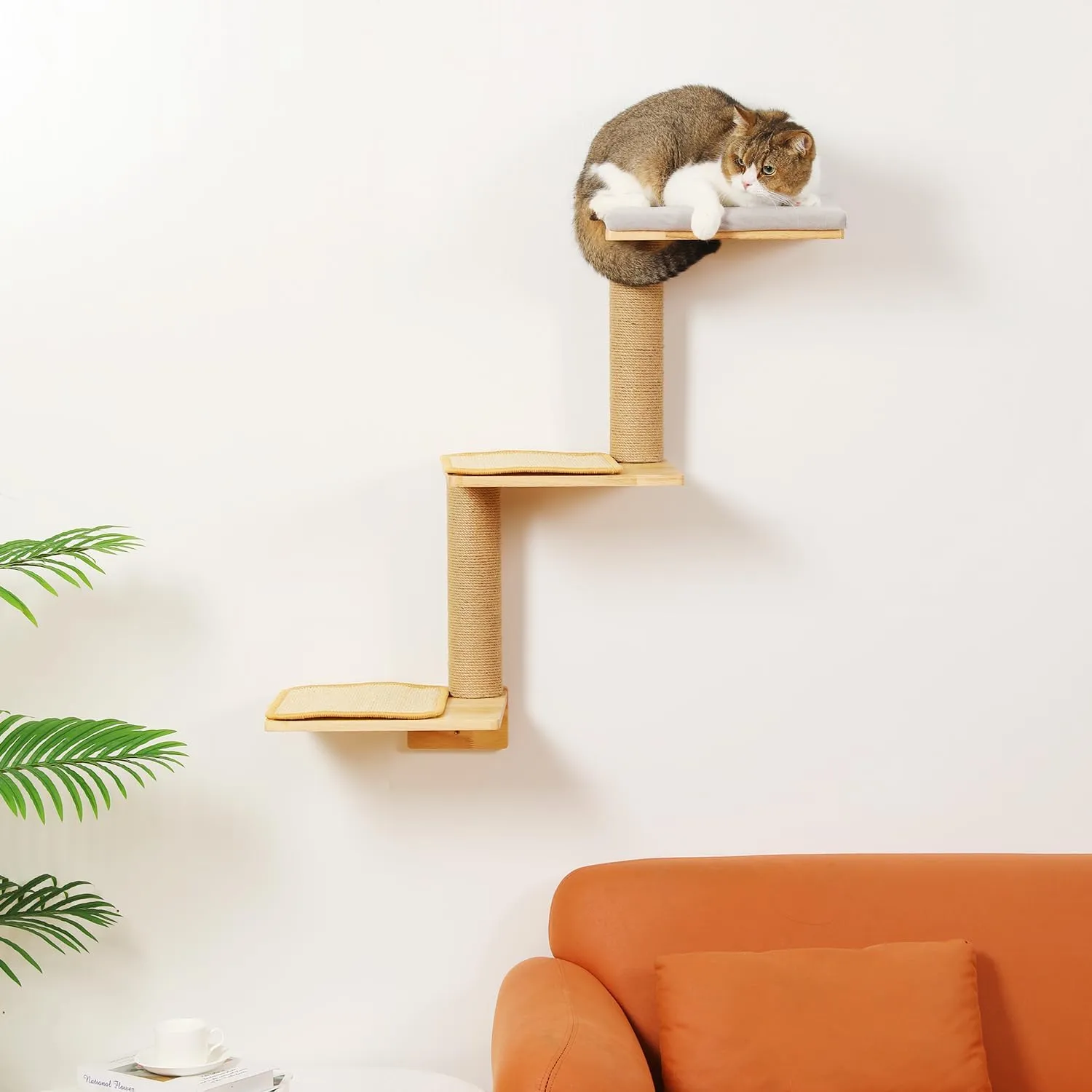 Cat Wall Shelves, 3-in-1 Transformable Wall-Mounted Scratching Post, Cat Tree Shelf & Climbing Steps for Play, Climb & Scratch (Large)