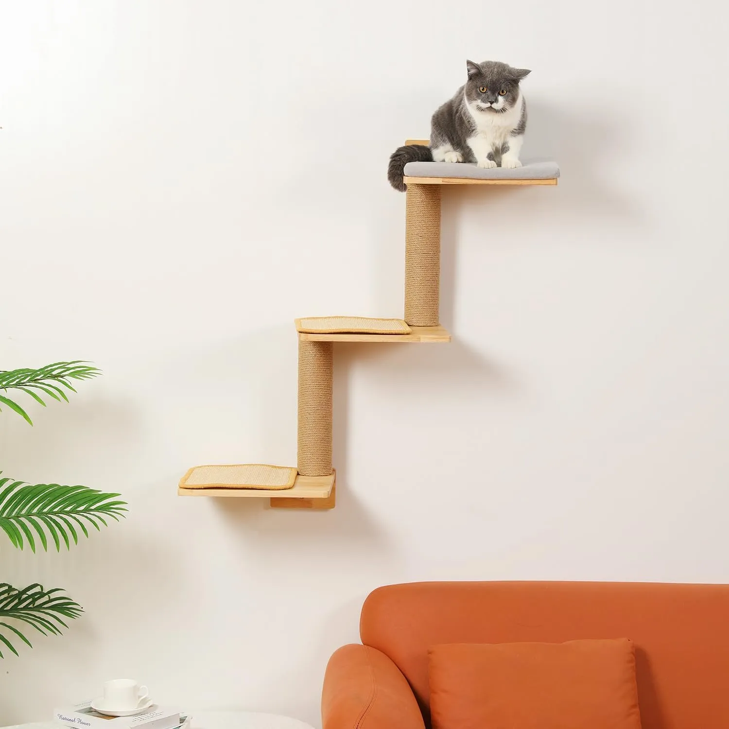 Cat Wall Shelves, 3-in-1 Transformable Wall-Mounted Scratching Post, Cat Tree Shelf & Climbing Steps for Play, Climb & Scratch (Large)