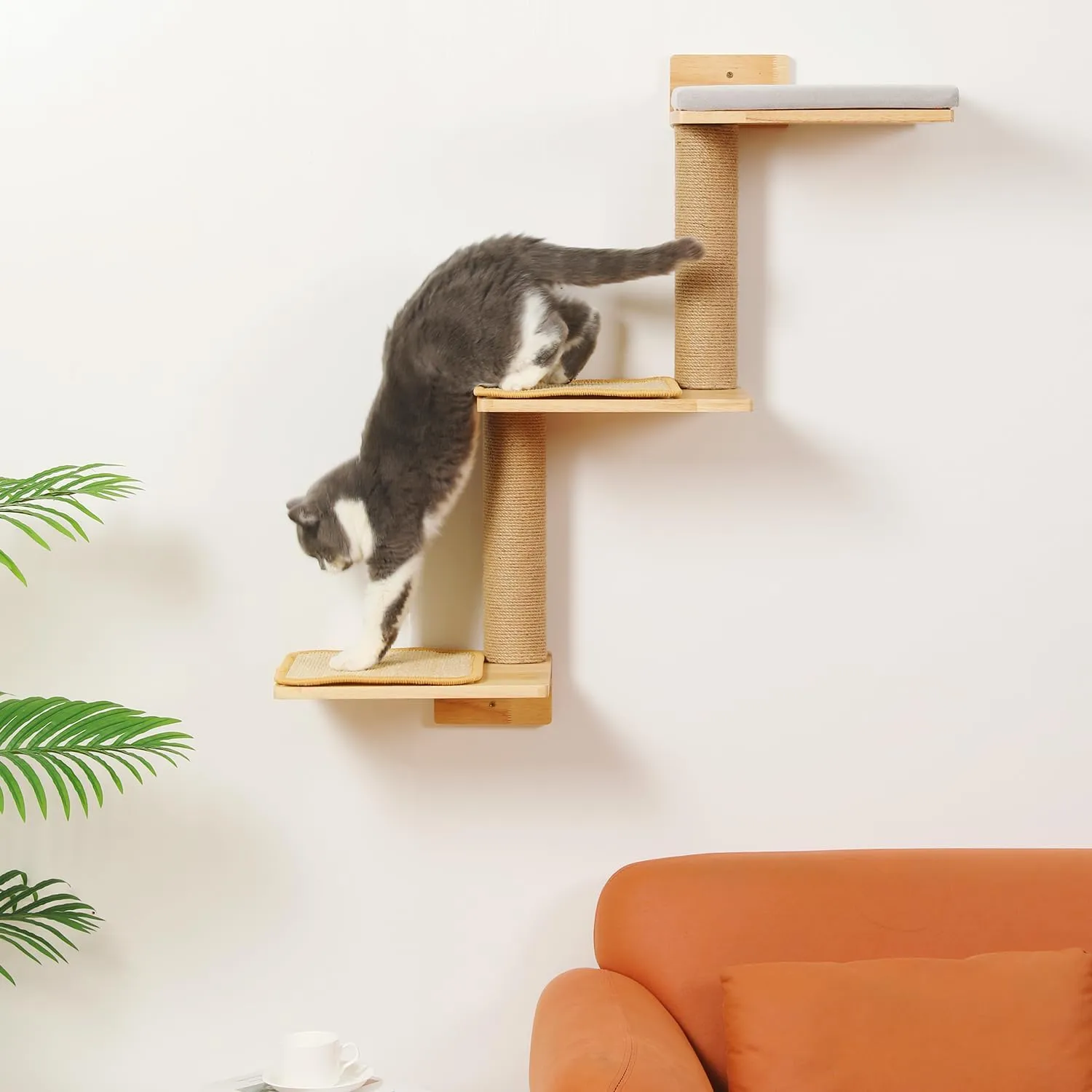 Cat Wall Shelves, 3-in-1 Transformable Wall-Mounted Scratching Post, Cat Tree Shelf & Climbing Steps for Play, Climb & Scratch (Large)