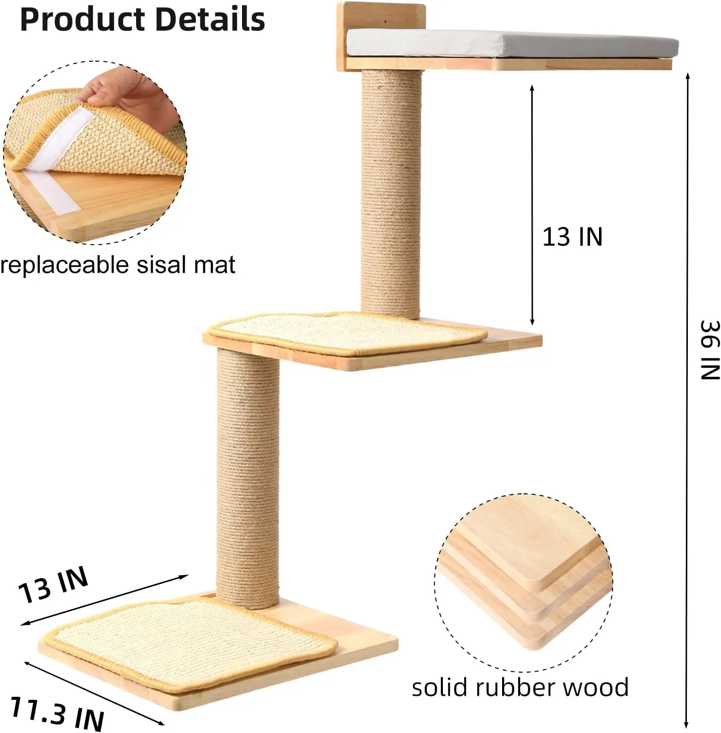 Cat Wall Shelves, 3-in-1 Transformable Wall-Mounted Scratching Post, Cat Tree Shelf & Climbing Steps for Play, Climb & Scratch (Large)