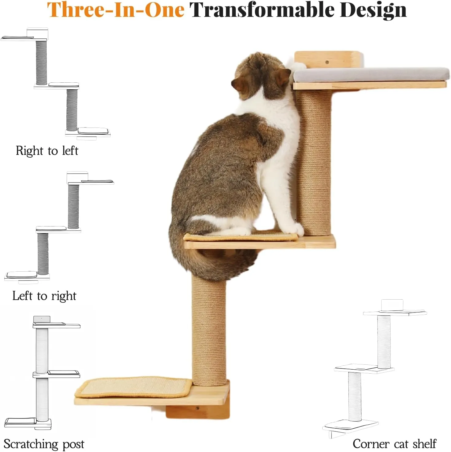 Cat Wall Shelves, 3-in-1 Transformable Wall-Mounted Scratching Post, Cat Tree Shelf & Climbing Steps for Play, Climb & Scratch (Large)