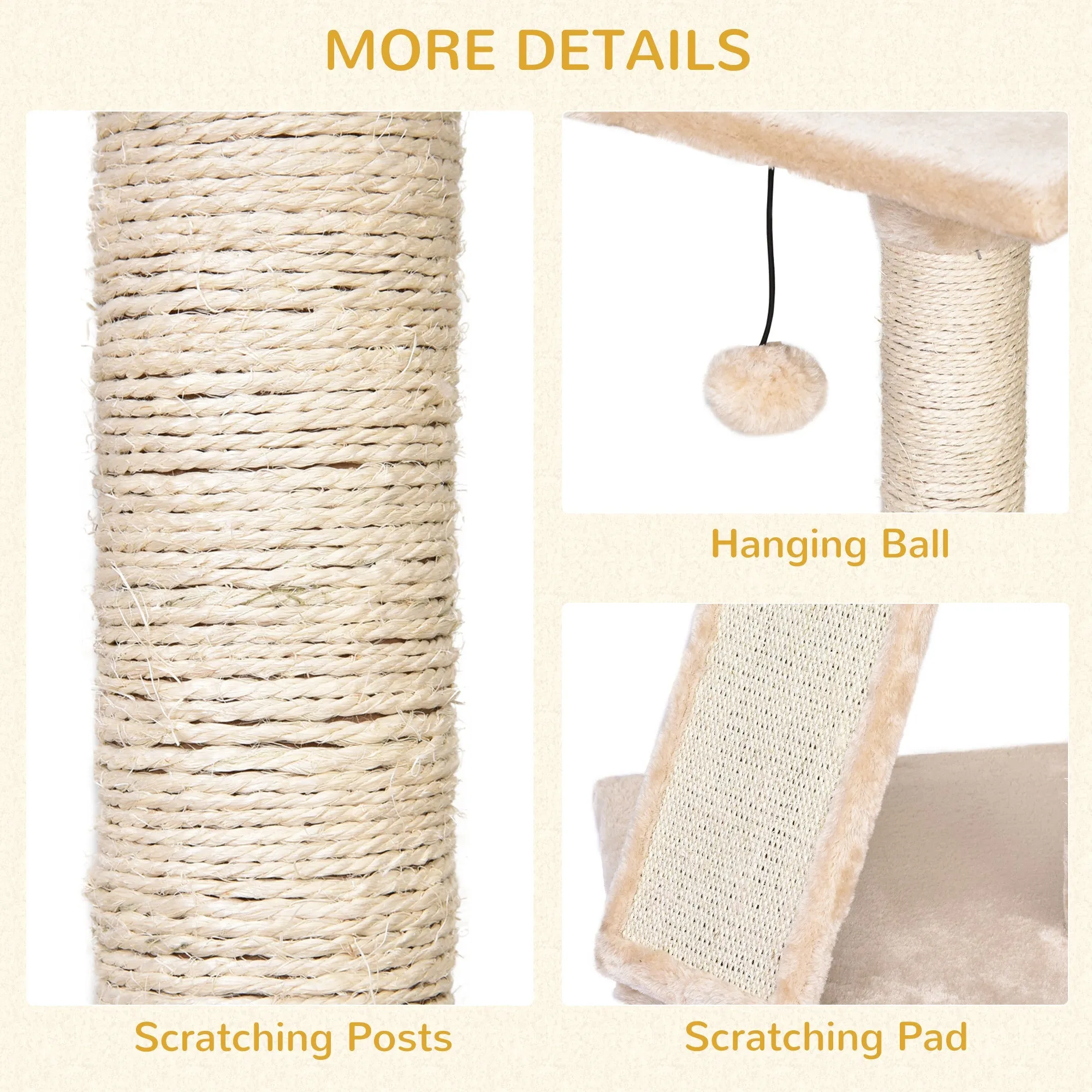 Cats 3-Tier Sisal Rope Scratching PostWith Dangle Toy Beige