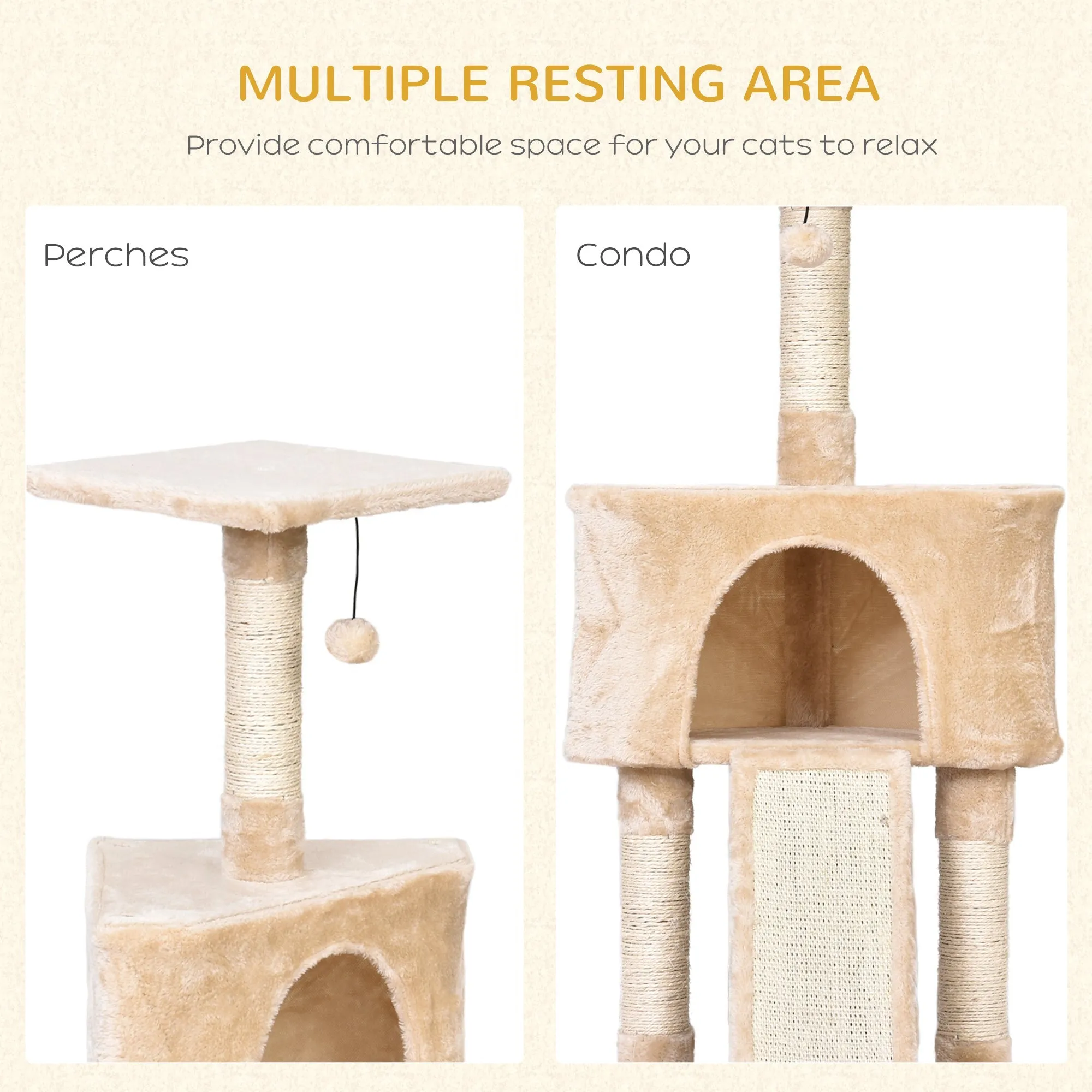 Cats 3-Tier Sisal Rope Scratching PostWith Dangle Toy Beige
