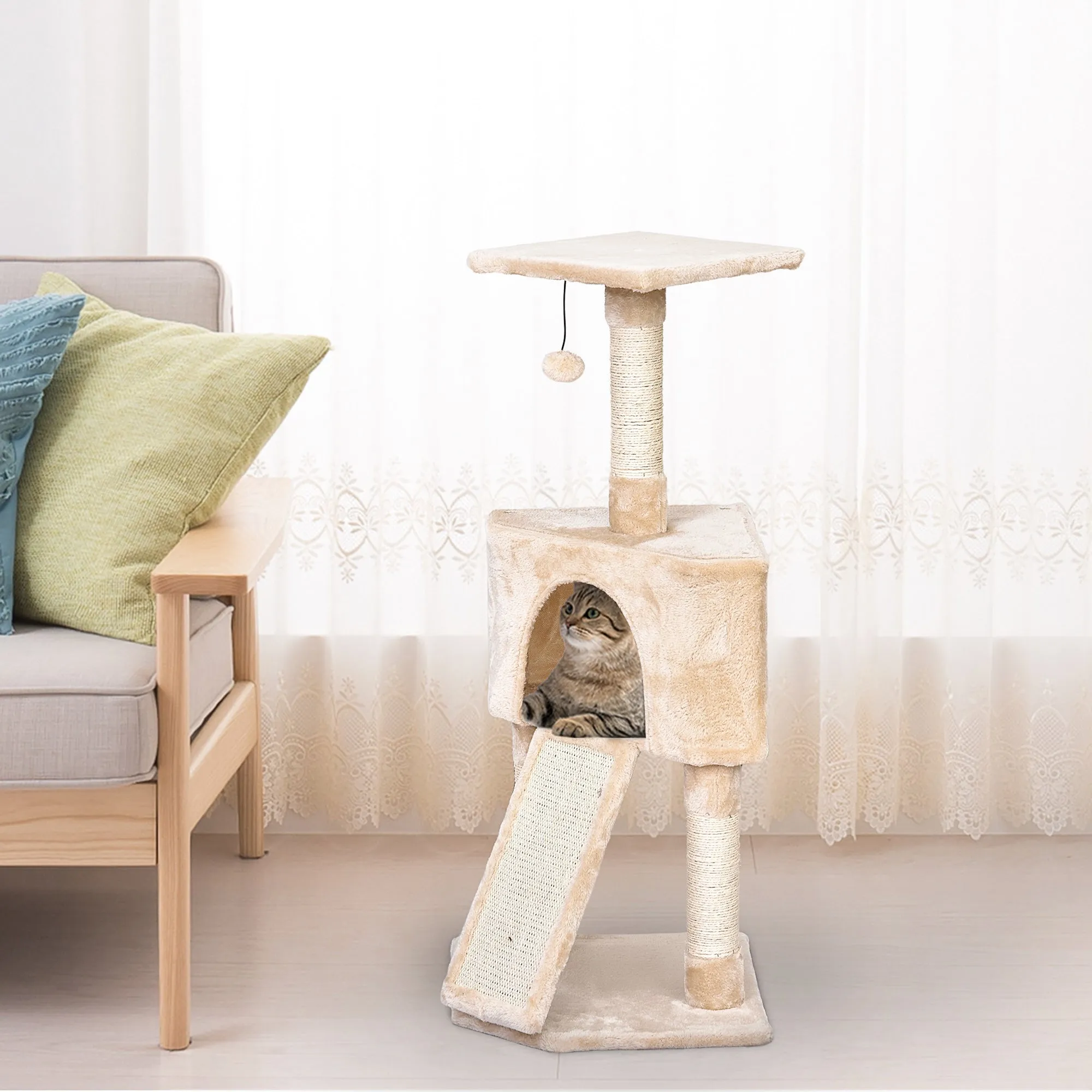 Cats 3-Tier Sisal Rope Scratching PostWith Dangle Toy Beige