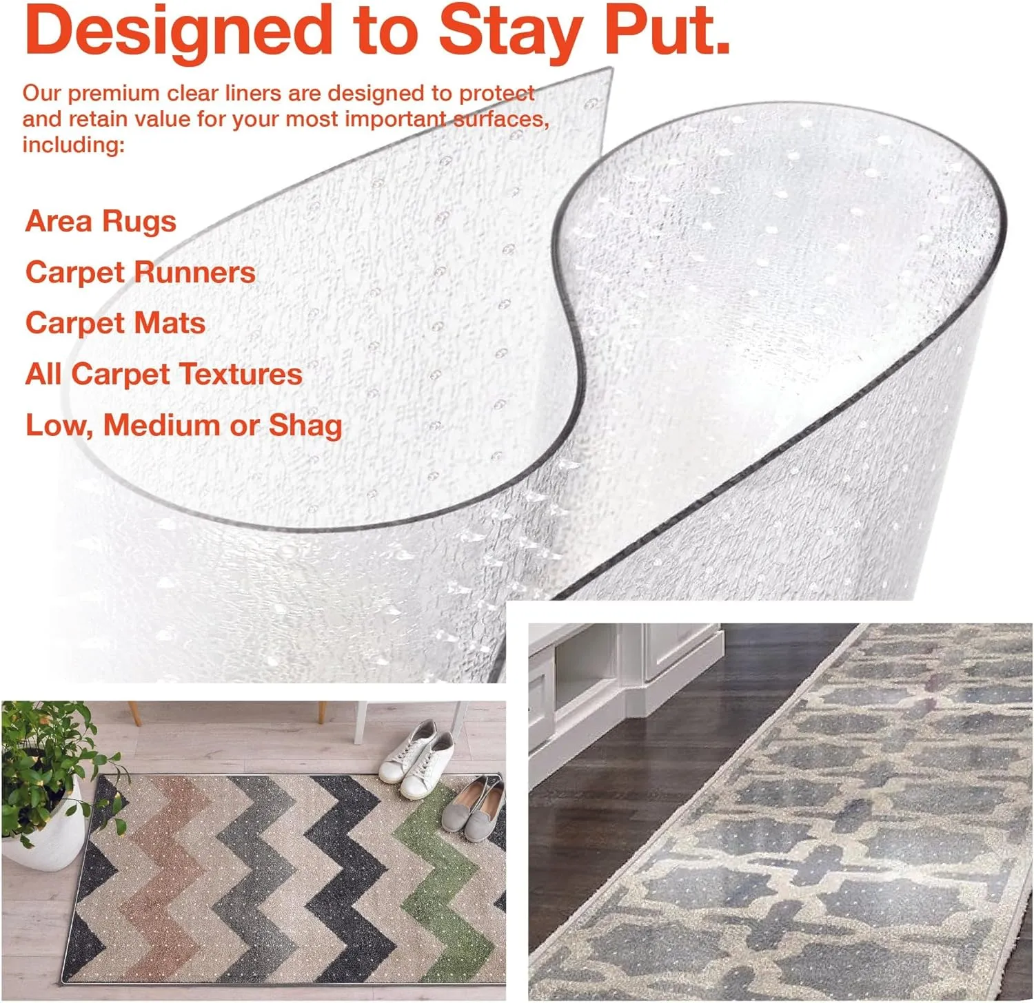 Clear Carpet Runner, USA Made, Safe, 42 x 42 Inch, 2mm Thick Cleated Vinyl, Clear Plastic Floor Runner for Cat Claw Scratch Protection, Under Door Rug Protector