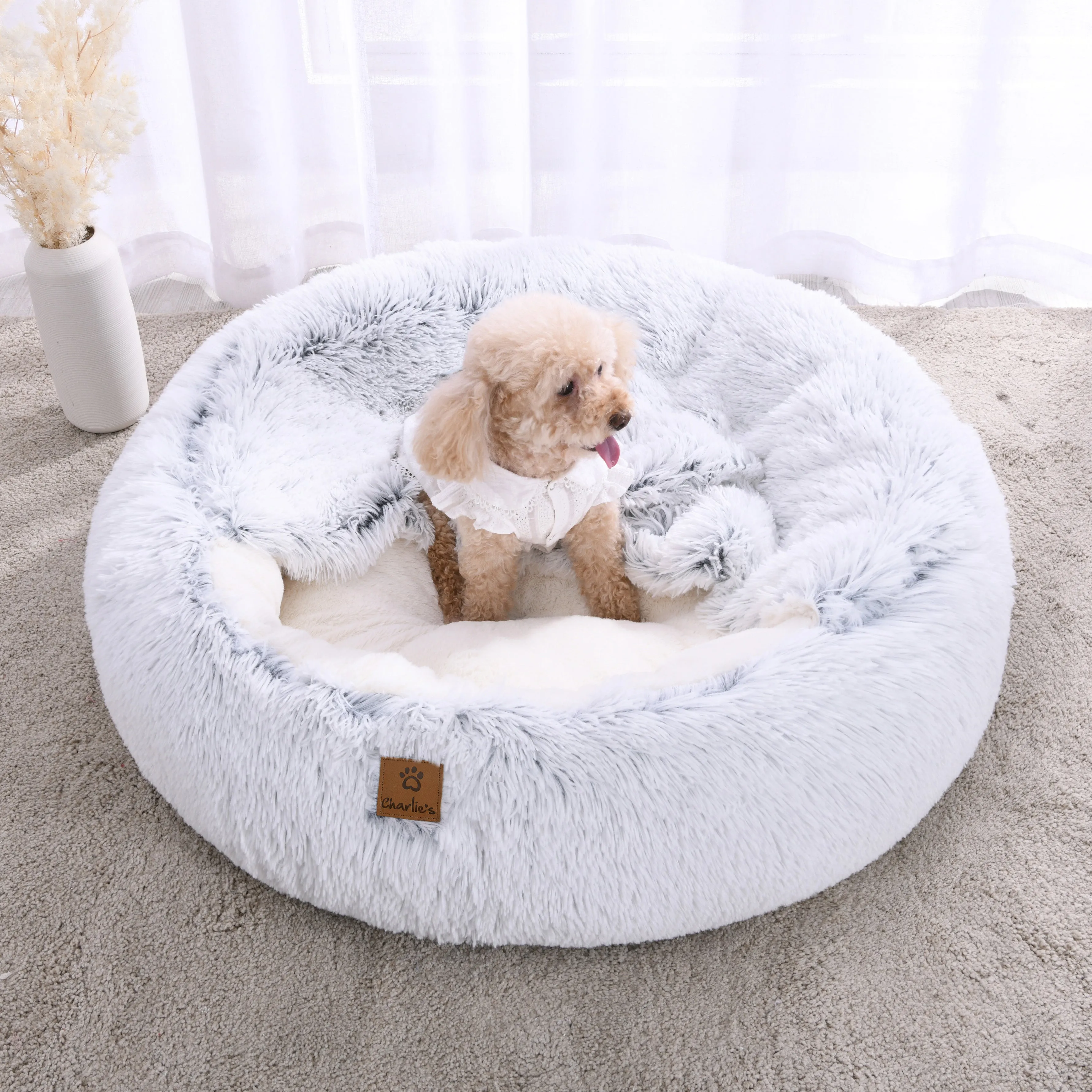 Cushioned Snookie Hooded Faux Fur Calming Dog Bed White