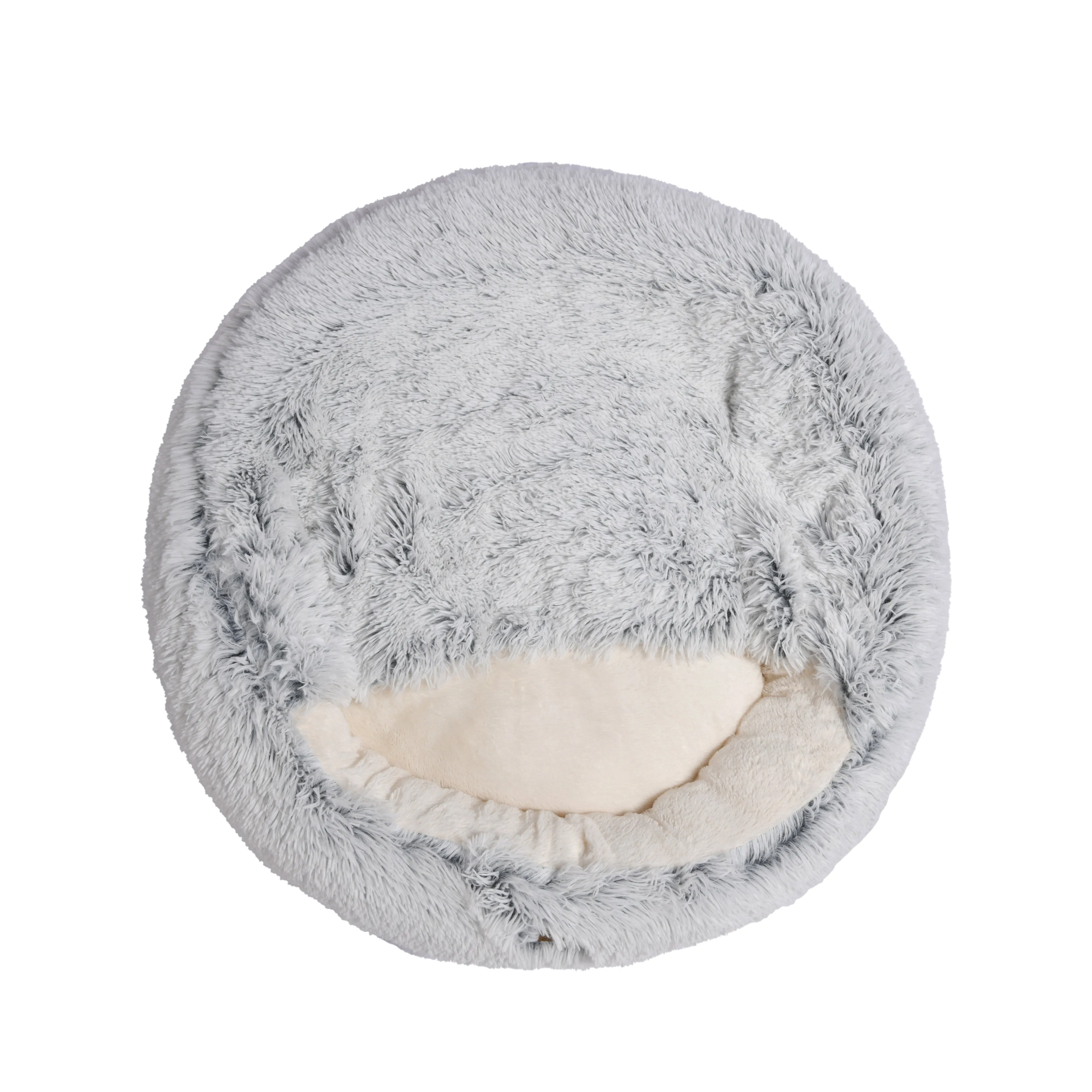 Cushioned Snookie Hooded Faux Fur Calming Dog Bed White
