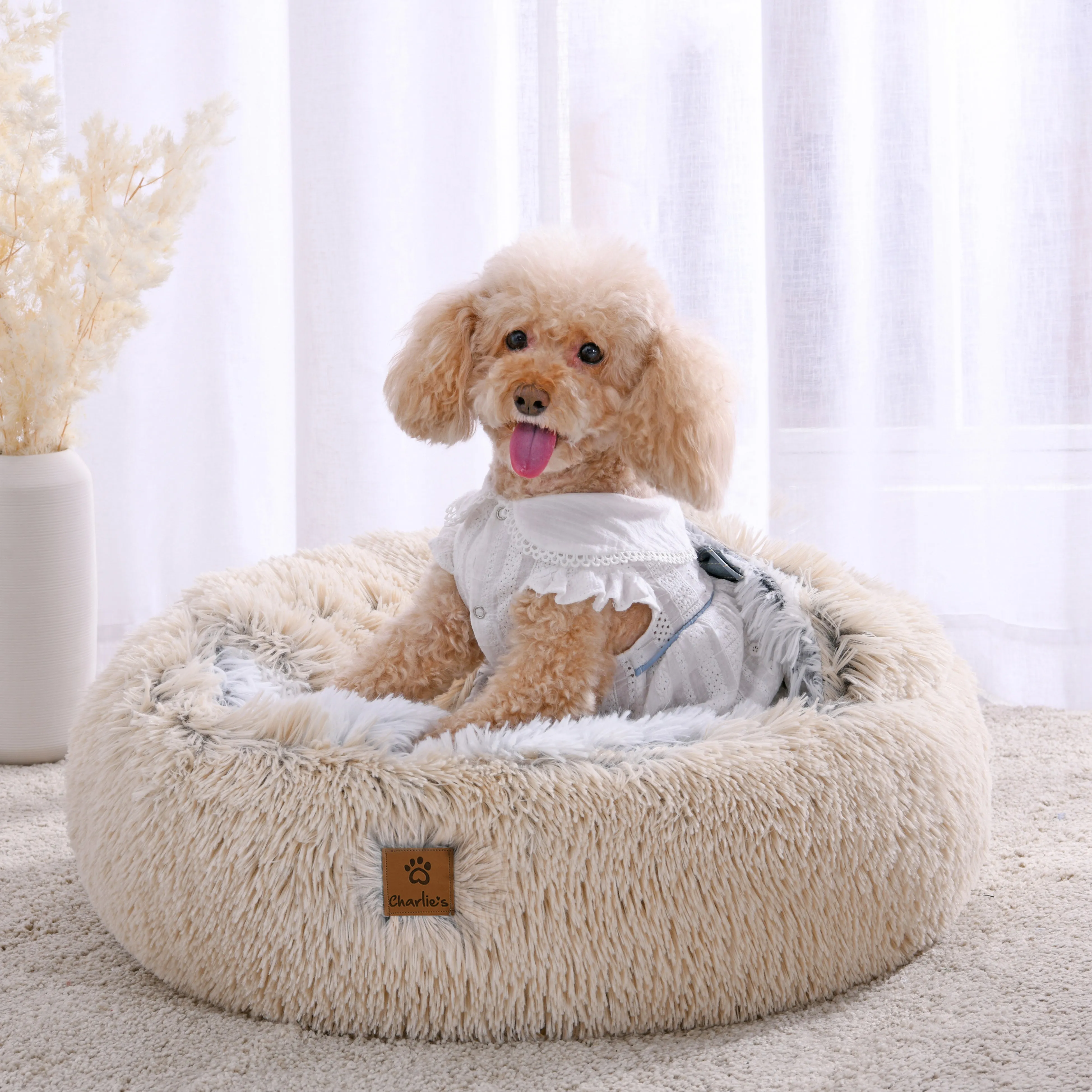 Cushioned Snookie Hooded Pet Nest Bed Double Faux Chinchilla Cream and Artic White