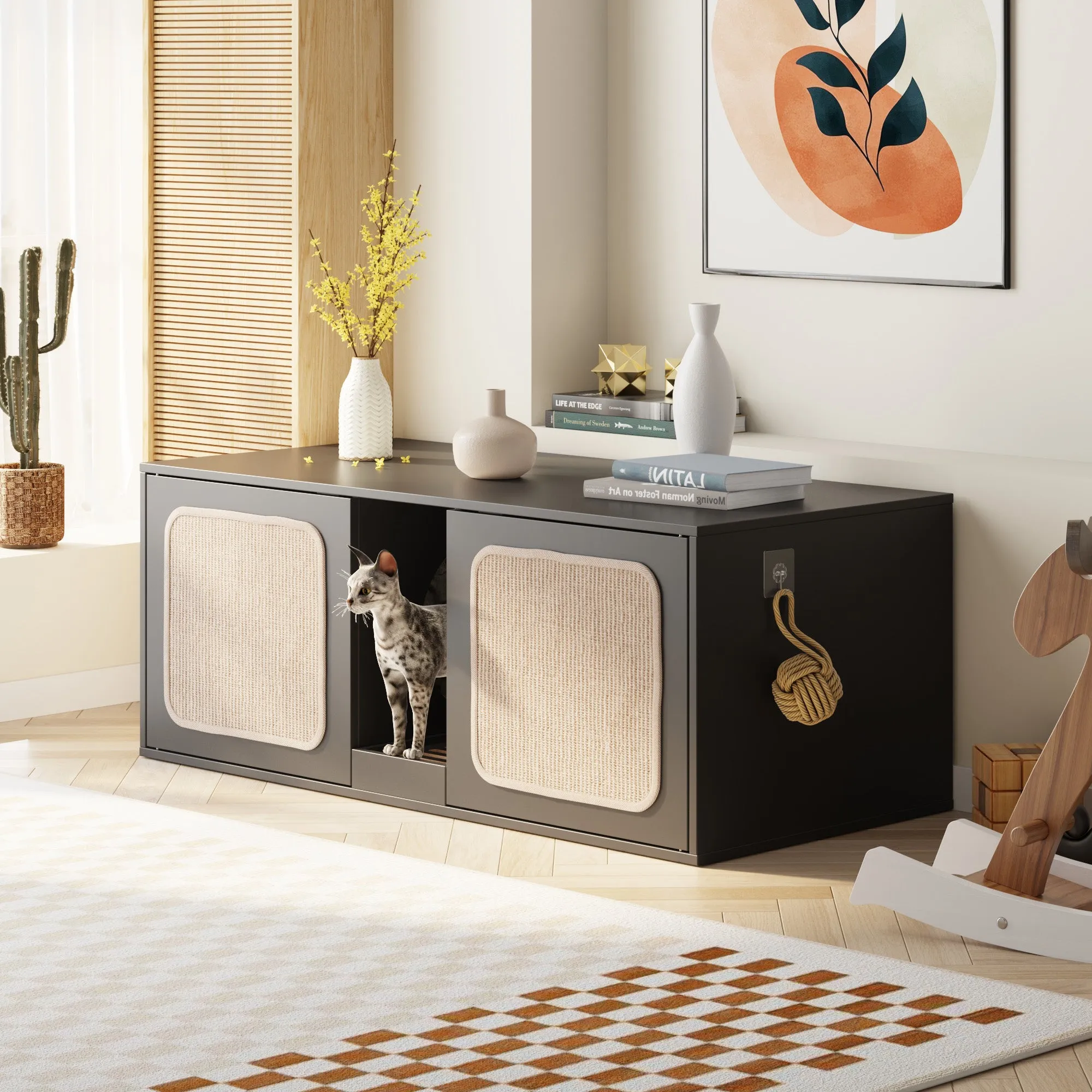 Double Cat Litter Box Enclosure with Sisal Doors and Storage