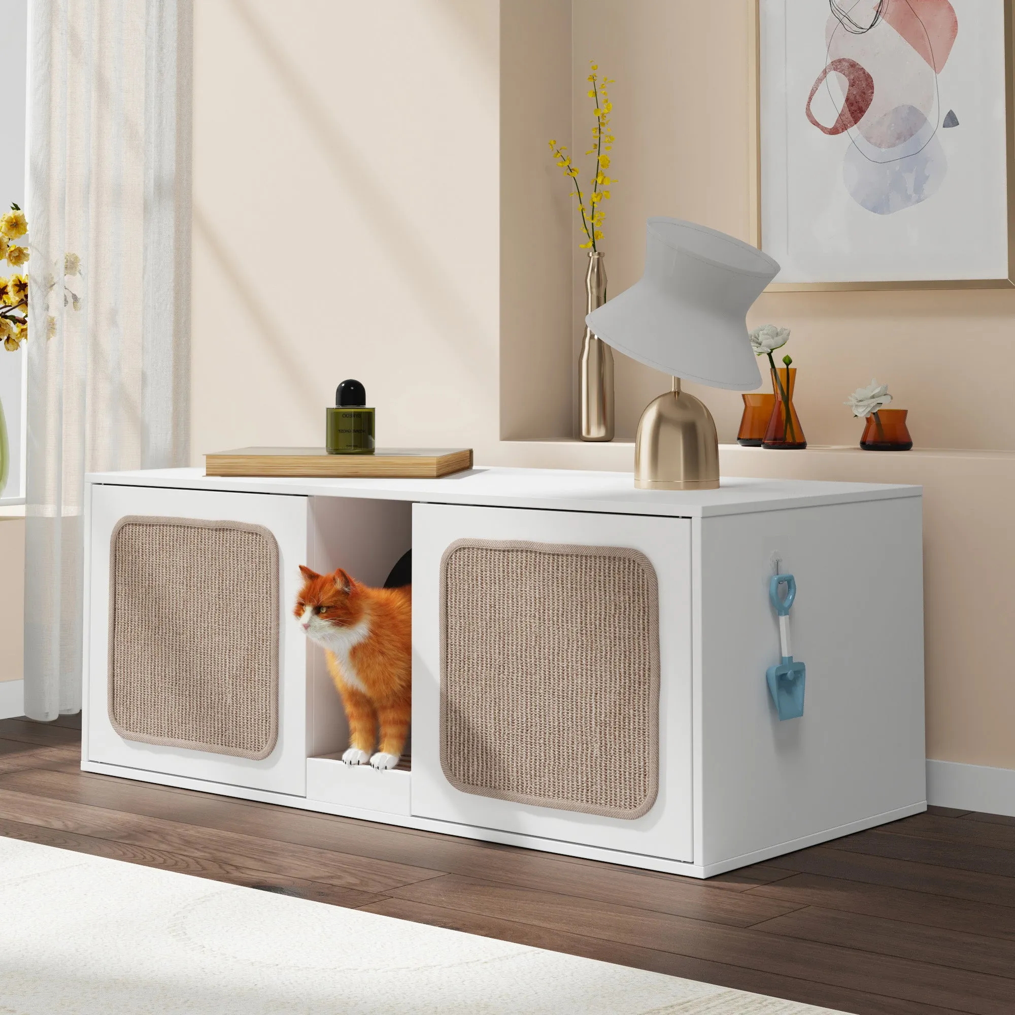 Double Cat Litter Box Enclosure with Sisal Doors and Storage