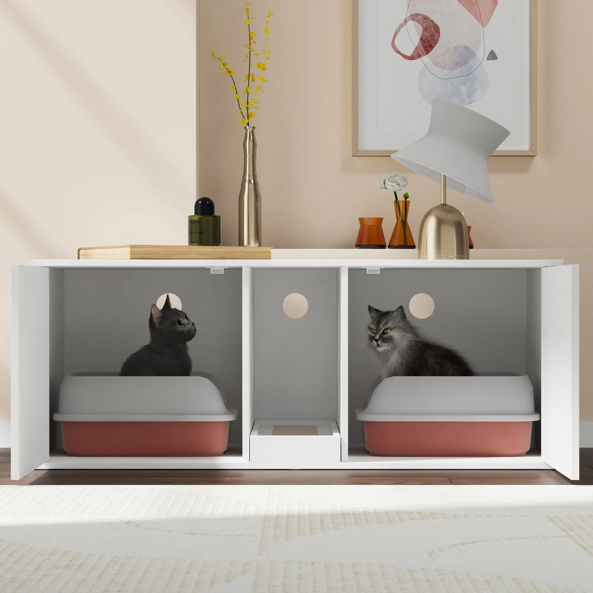 Double Cat Litter Box Enclosure with Sisal Doors and Storage
