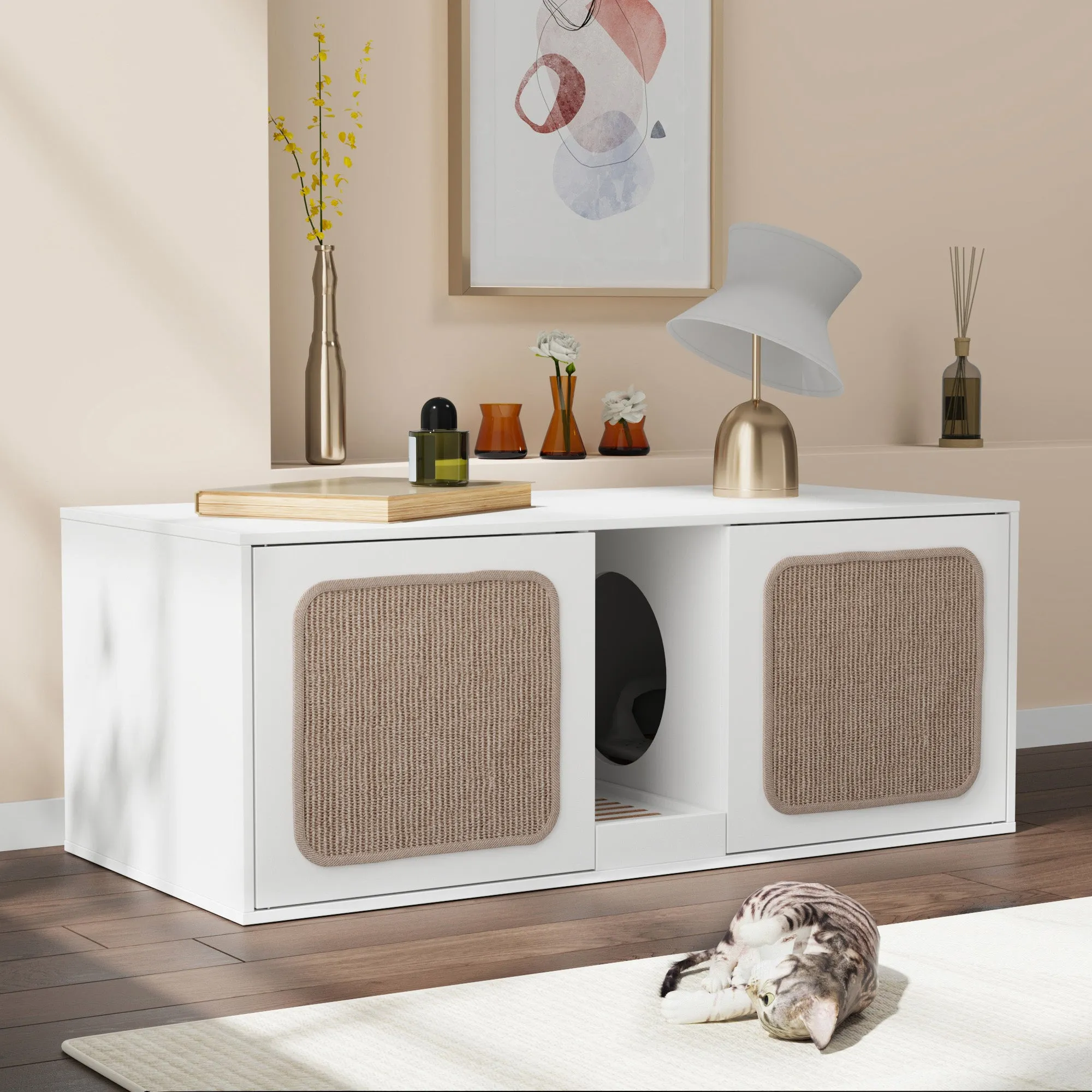 Double Cat Litter Box Enclosure with Sisal Doors and Storage