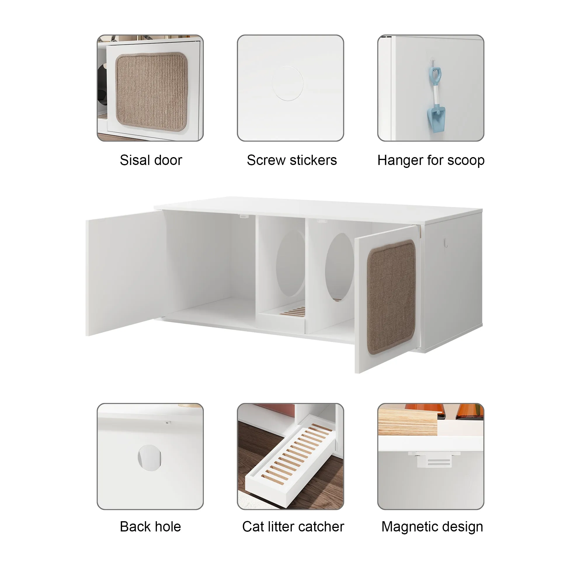 Double Cat Litter Box Enclosure with Sisal Doors and Storage