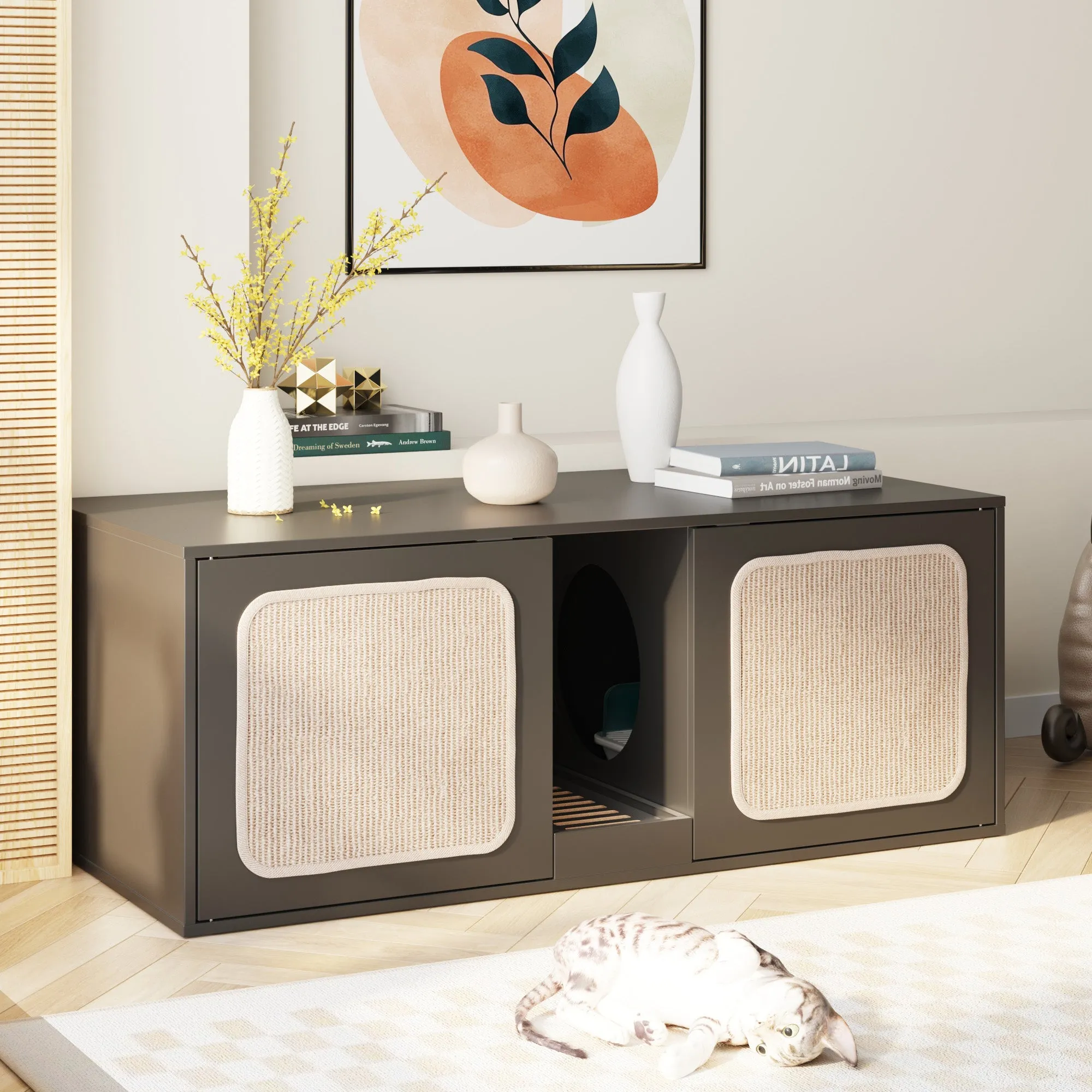 Double Cat Litter Box Enclosure with Sisal Doors and Storage