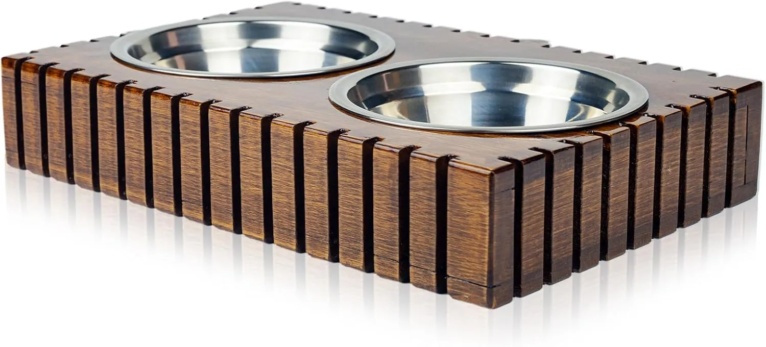Elevated Dog, Cat Bowls Stand Raised Dog Food and Water Bowl for Small, Medium Pets Slow Feeder Dog Bowl Non Slip, Waterproof Wooden Pet Feeder Premium Stainless Steel Cat, Dog Bow Dog Feeding Station