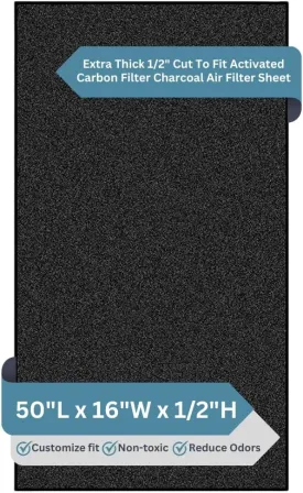 FreshHeadquarters 16x50" 1/2" ExtraThick CuttoFit ActivatedCarbon Charcoal Filter Sheet  Universal for Air Purifier, AC, Range Hood, LitterBox & Compost Odor/VOC Control