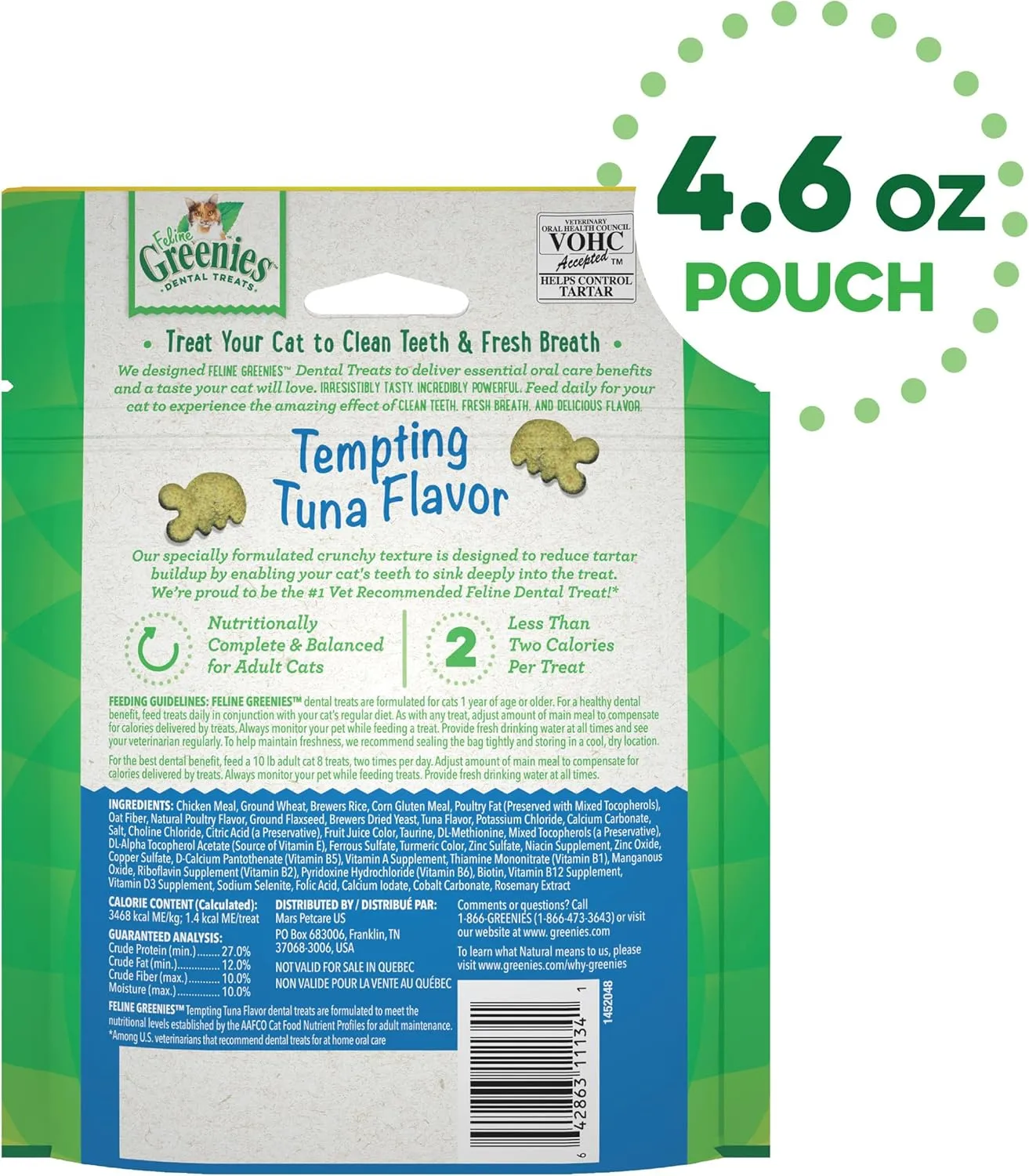 Greenies Feline Adult Natural Dental Care Cat Treats, Tempting Tuna Flavor, 4.6 oz. Pouch