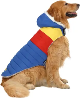 HDE Dog Puffer Jacket Fleece Lined Warm Dog Parka Winter Coat with Harness Hole 90s Colorblock - L