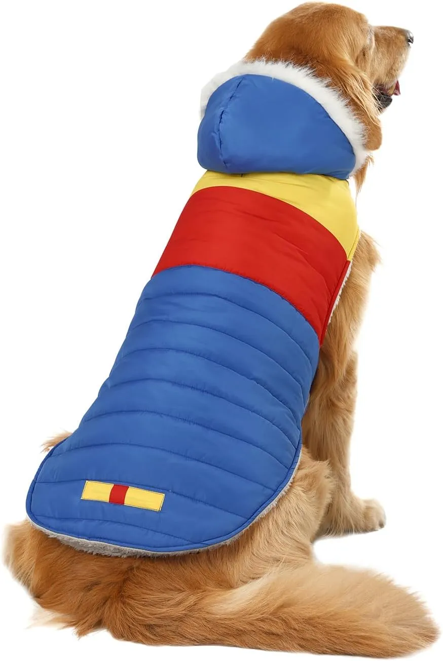 HDE Dog Puffer Jacket Fleece Lined Warm Dog Parka Winter Coat with Harness Hole 90s Colorblock - L