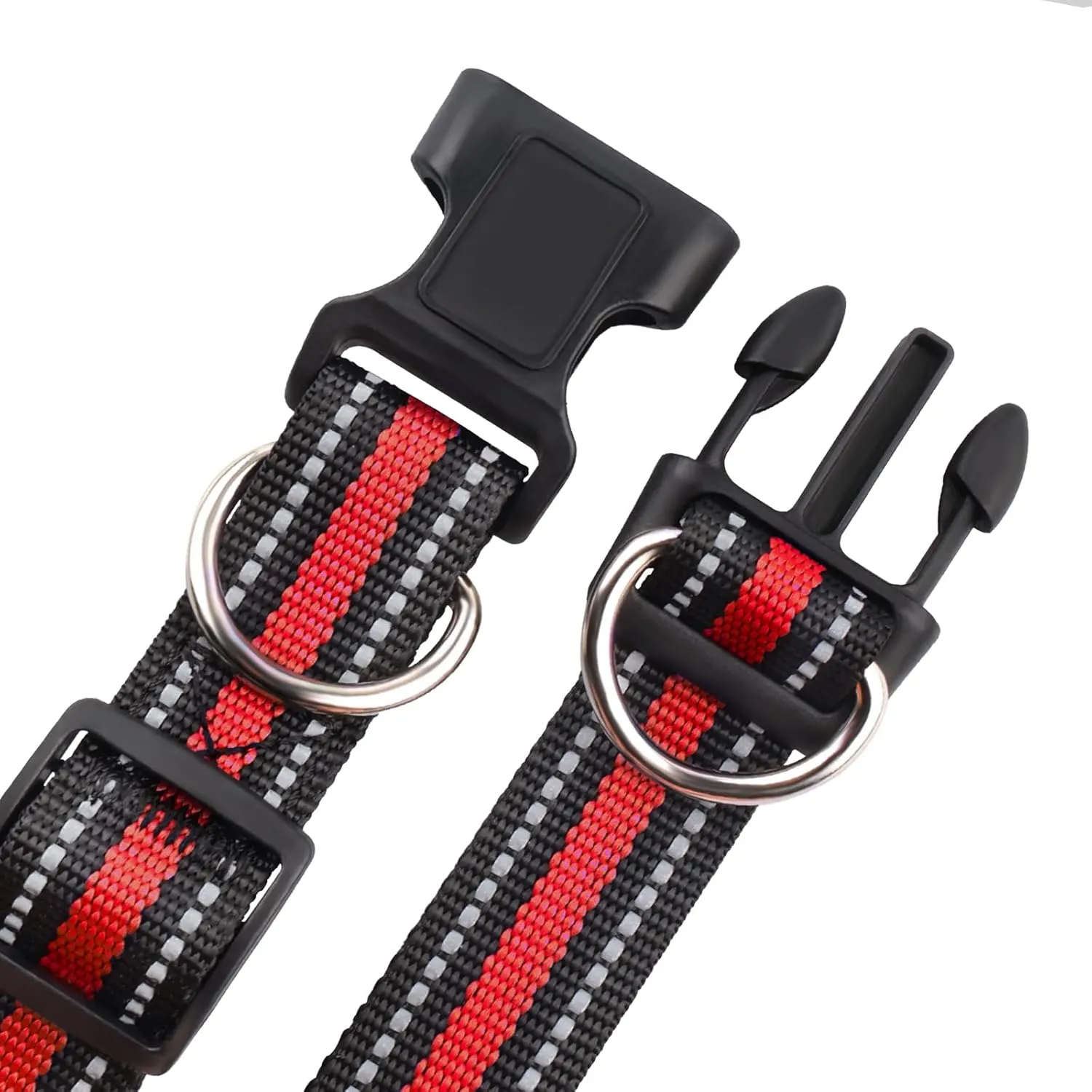 Highly Reflective Adjustable Dog Collar with Dual Metal D-Rings - Classic Colors for Small/Medium Dogs, 2-Pack (Pink and Red, S)