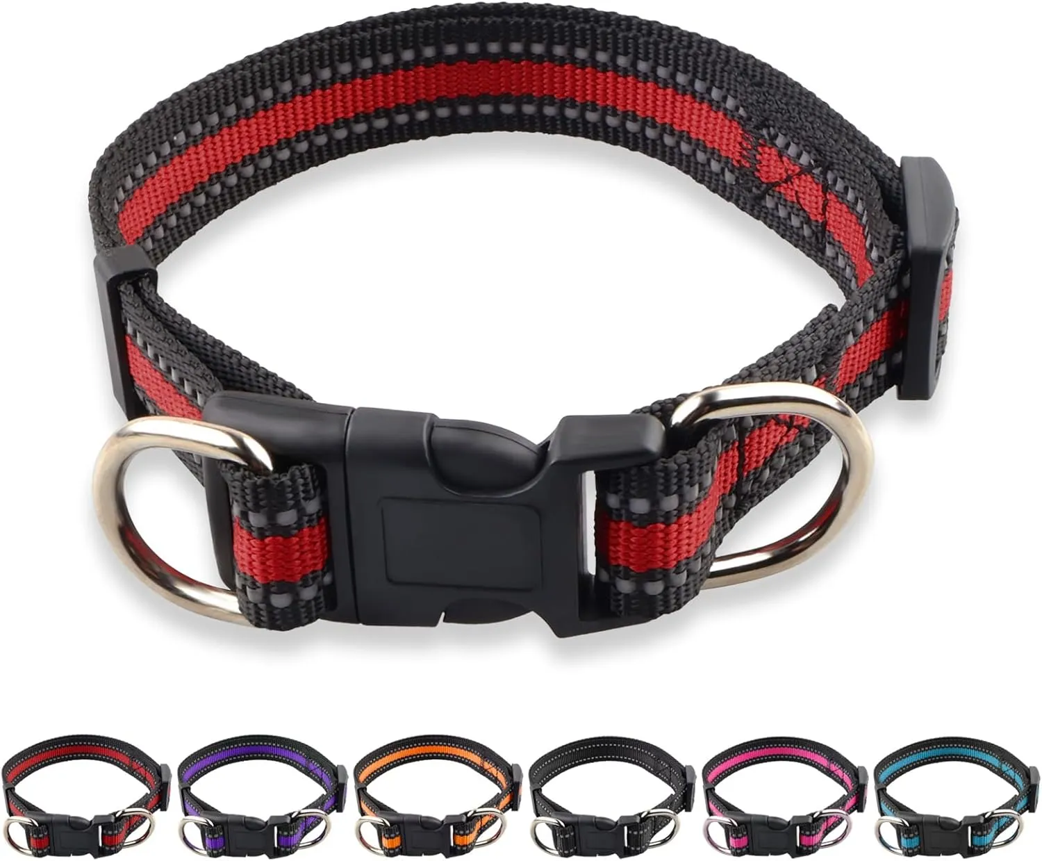 Highly Reflective Adjustable Dog Collar with Dual Metal D-Rings - Classic Colors for Small/Medium Dogs, 2-Pack (Pink and Red, S)