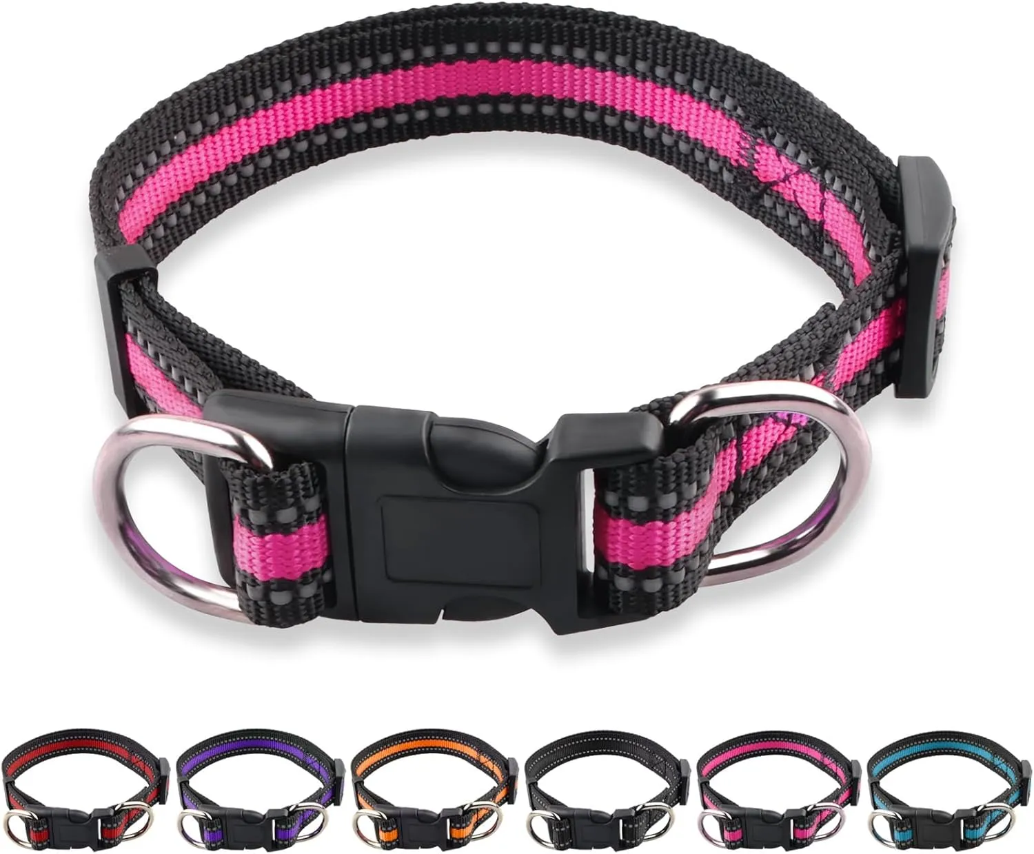 Highly Reflective Adjustable Dog Collar with Dual Metal D-Rings - Classic Colors for Small/Medium Dogs, 2-Pack (Pink and Red, S)