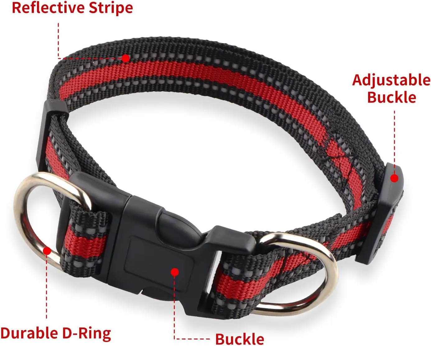 Highly Reflective Adjustable Dog Collar with Dual Metal D-Rings - Classic Colors for Small/Medium Dogs, 2-Pack (Pink and Red, S)