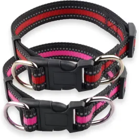 Highly Reflective Adjustable Dog Collar with Dual Metal D-Rings - Classic Colors for Small/Medium Dogs, 2-Pack (Pink and Red, S)