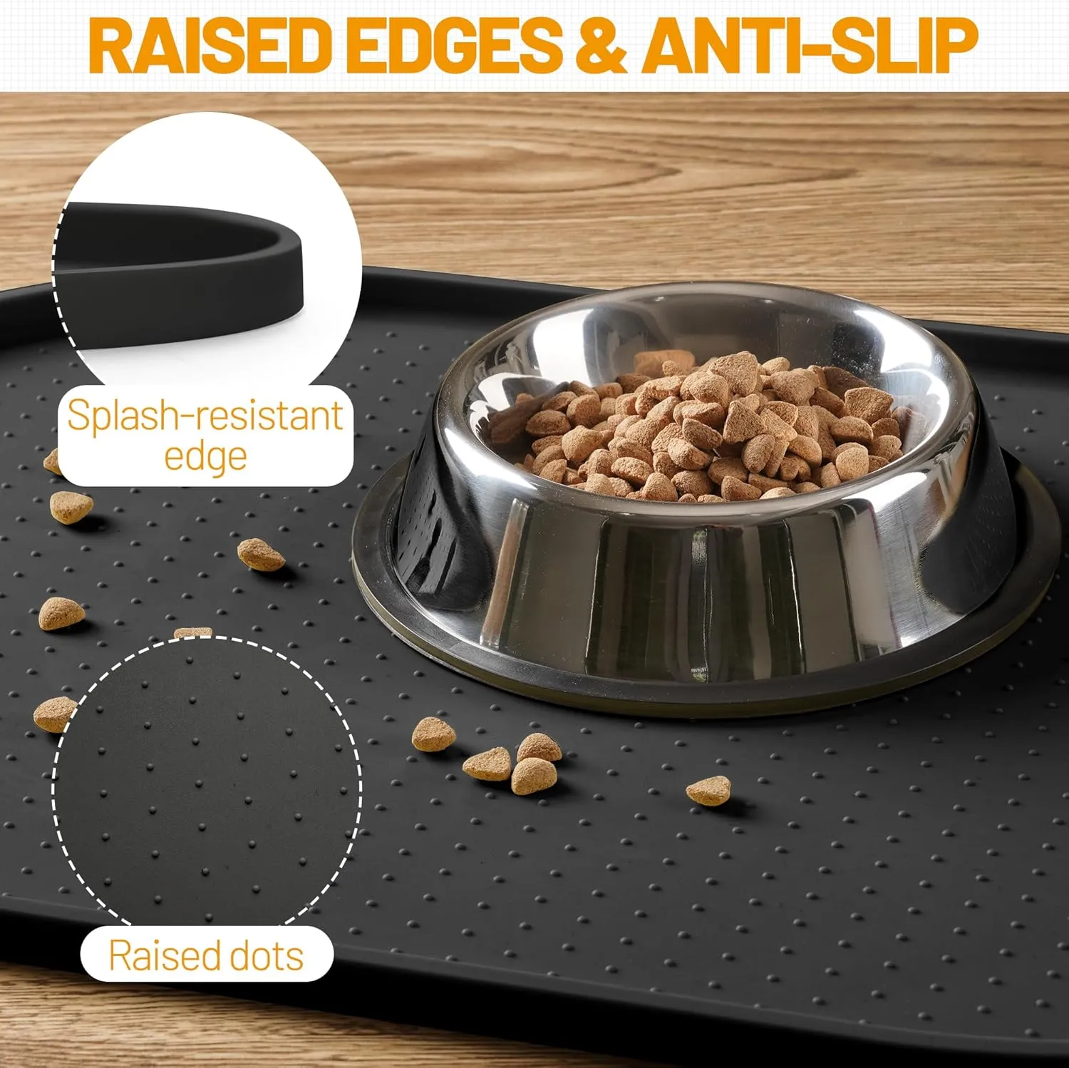 Hubulk 100% Waterproof Silicone Pet Feeding Mat with Raised Edge for Food and Water, Dog Bowl Mats, Cat Bowls Placemat with High Lip Protects Floor for Cats and Dogs (Black, 24" L x 16" W)
