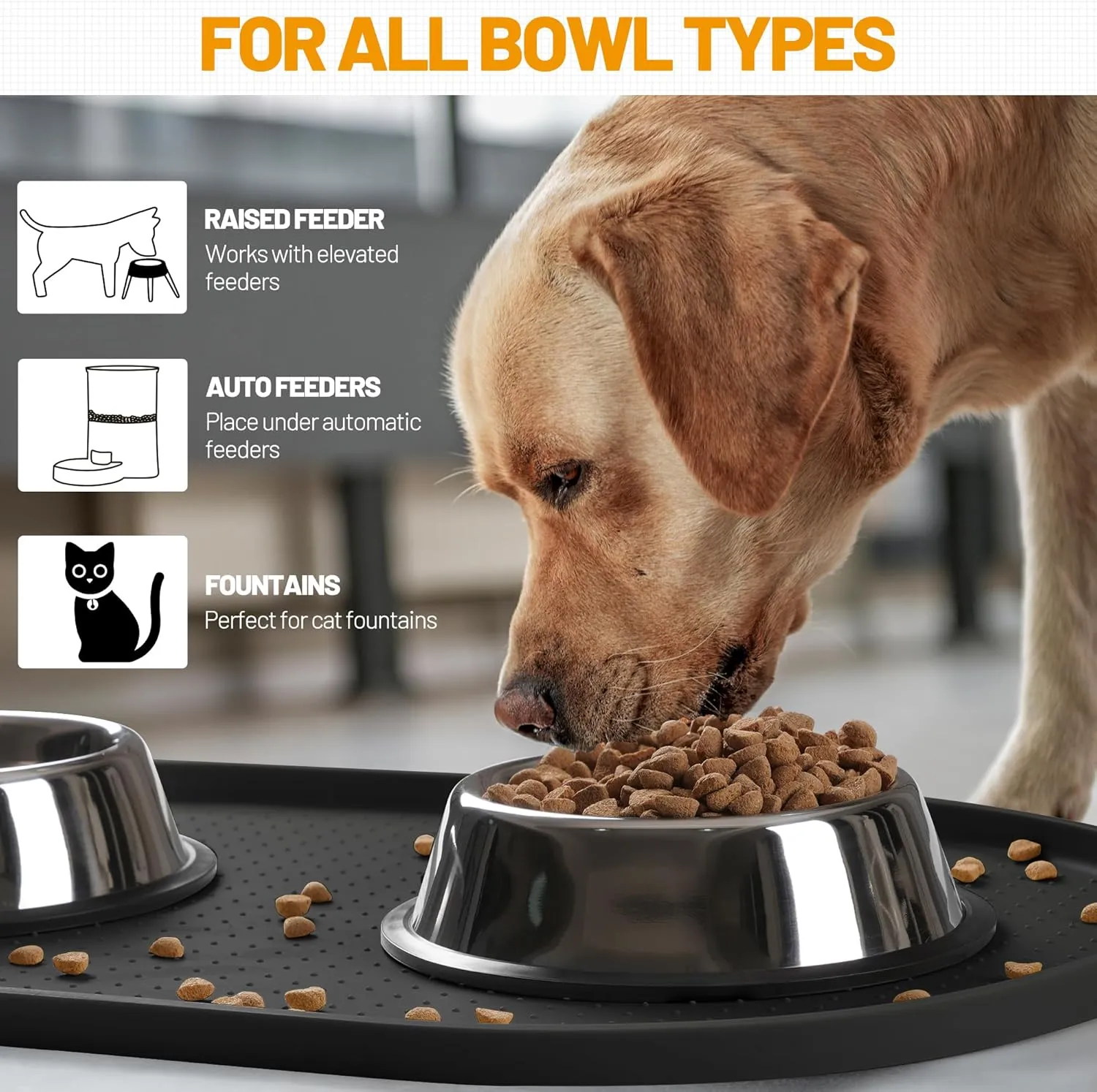 Hubulk 100% Waterproof Silicone Pet Feeding Mat with Raised Edge for Food and Water, Dog Bowl Mats, Cat Bowls Placemat with High Lip Protects Floor for Cats and Dogs (Black, 24" L x 16" W)