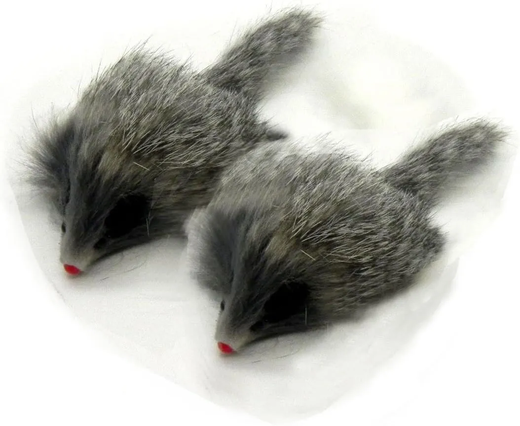 Kats'N Us Real Rabbit Fur Long Hair Mouse Cat Toy - 2pk Gray