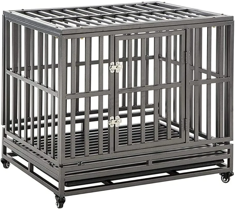 KELIXU 38 Heavy Duty Dog Crate Large Dog Cage Metal Dog Kennels and Crates for Large Dogs Indoor Outdoor with Locks, Lockable Wheels and Removable Tray, Easy to Install, Black