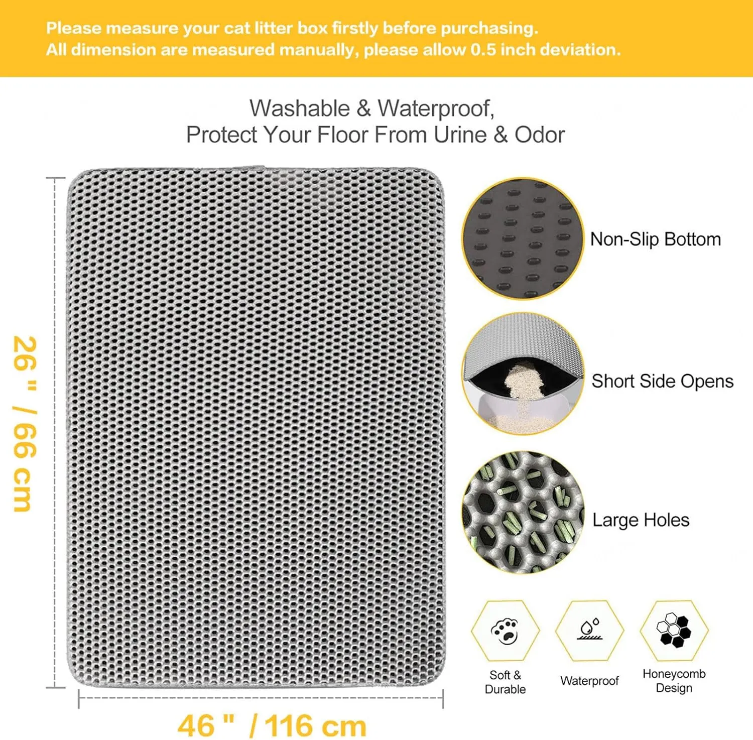Litter Mat for Litter Box, 24X35In/26X46In Honeycomb Double Layer Litter Box Mat Trapper Cat Litter Trap Mat, Less Waste,Soft On Paws,Non-Slip,26X46In-Black