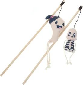 LUOZZY 2PCS Cat Tease Sticks Halloween Kitten Teasing Toys with Skull and Ghost Plush Cat Teaser Wands Interactive Cat Biting Plaything for Indoor Cat Kitten
