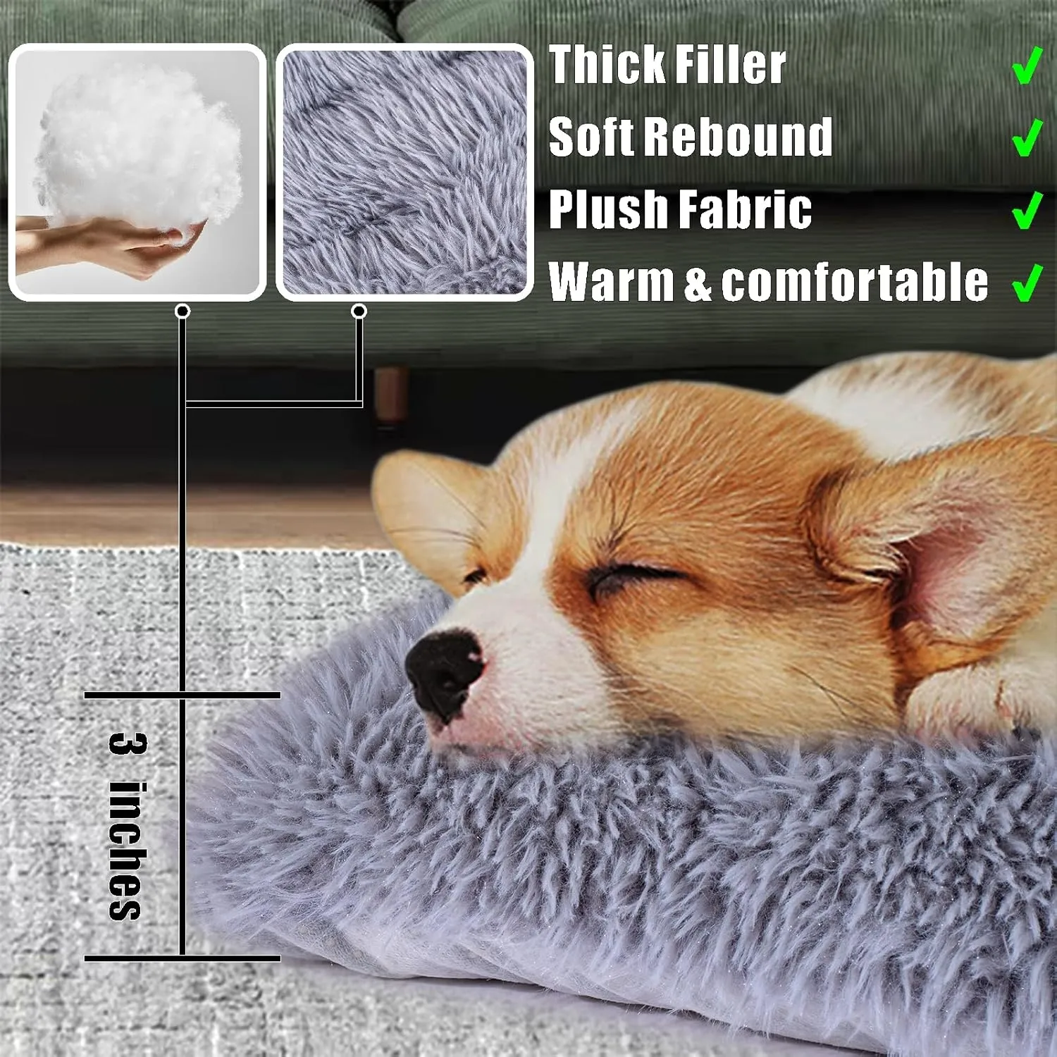 Machine Washable Dog Bed, Deluxe Plush Dog Crate Pad and Cat Bed, Anti-Slip Bottom Kennel Pad Mat, Fuzzy Pet Beds for Large, Medium, Small Dogs Breeds (Grey, 36.0" L x 24.0" W x 3.0" Th x 1 Pack)