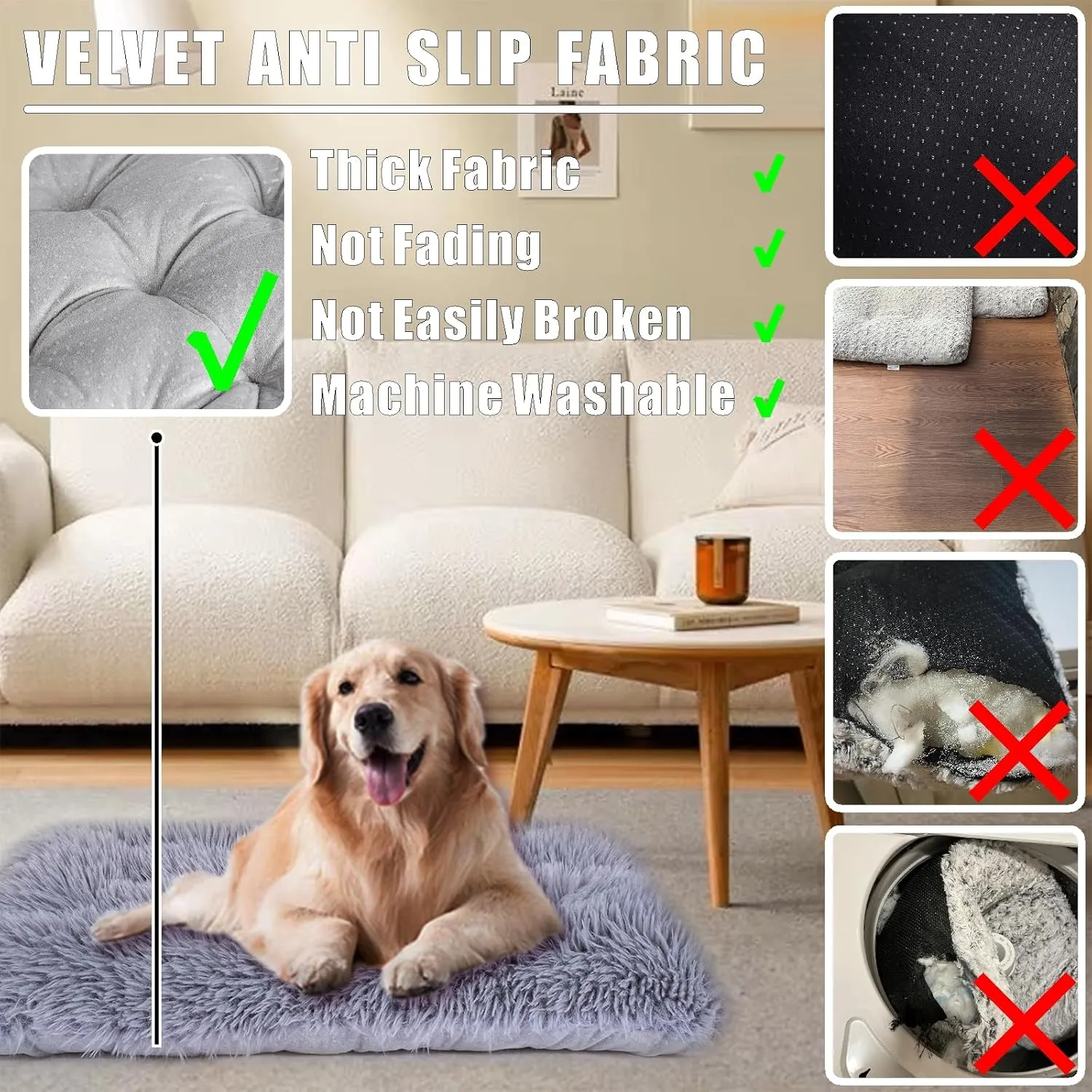 Machine Washable Dog Bed, Deluxe Plush Dog Crate Pad and Cat Bed, Anti-Slip Bottom Kennel Pad Mat, Fuzzy Pet Beds for Large, Medium, Small Dogs Breeds (Grey, 36.0" L x 24.0" W x 3.0" Th x 1 Pack)