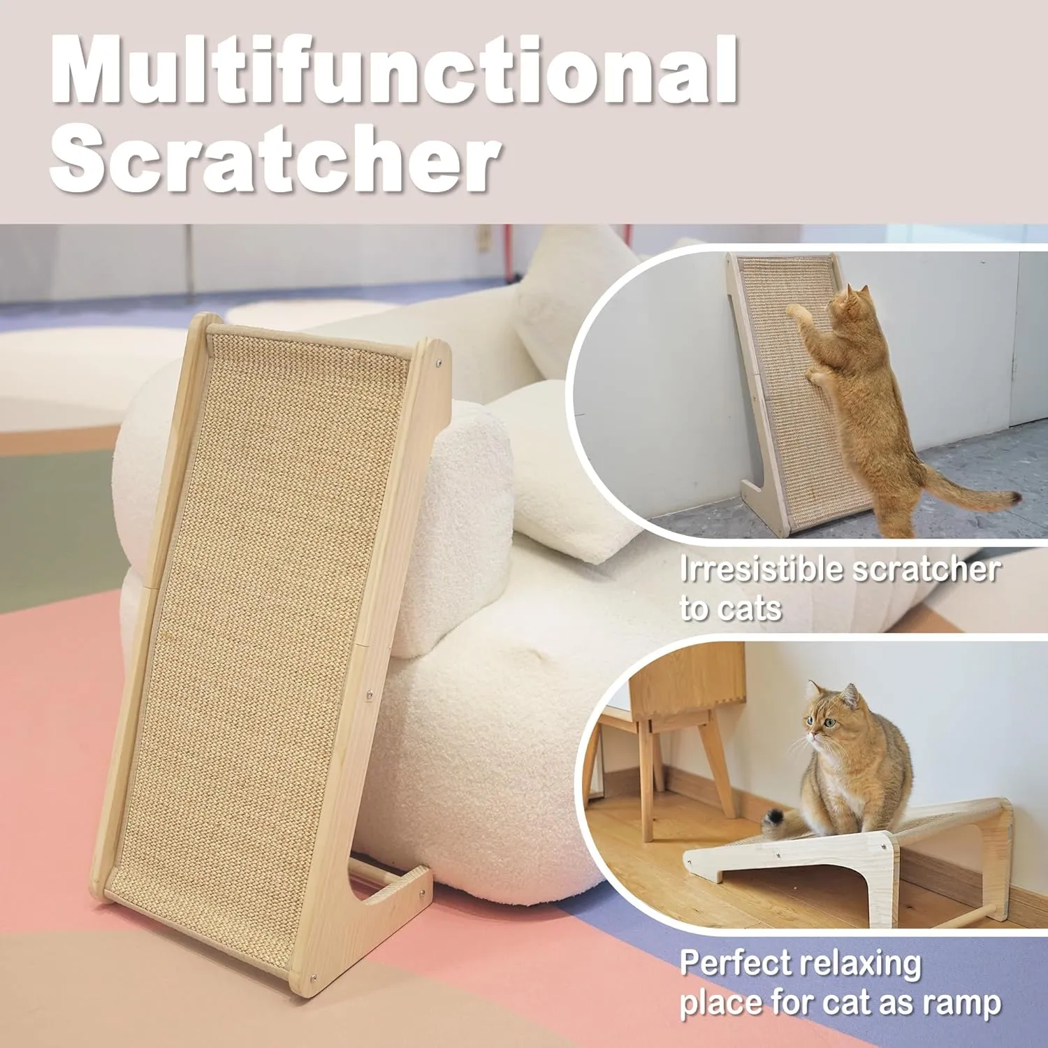 Meeyoview Cat Scratcher, L Shape Sisal Scratching Pad, Wooden Frame Scratch Board for Indoor Cats, Wall & Sofa Furniture Protector with Catnip