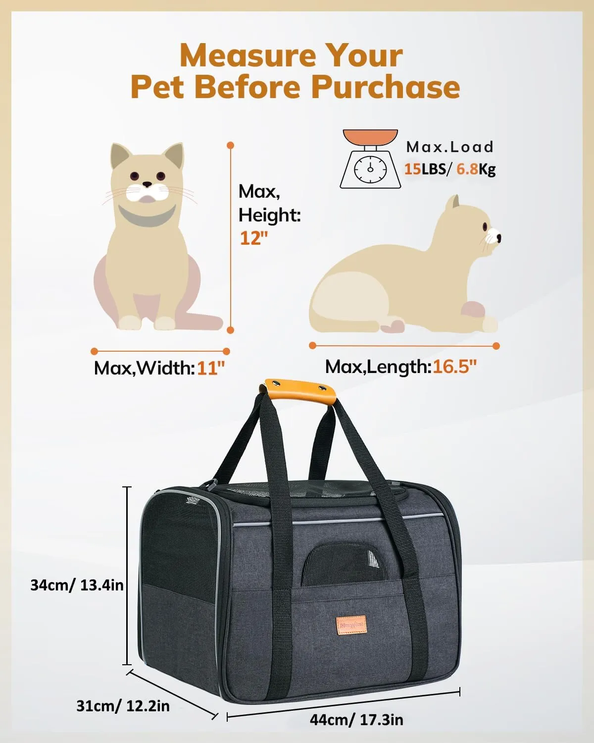 Morpilot Cat Carrier - Soft Sided Cat Carrier Large for Big Medium Cats and Puppy up to 18lbs, Pet Carrier with Safety Zippers, Foldable Bowl, Airline Approved Large Dog Carrier - Dark Gray