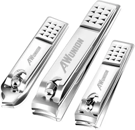 Nail Clippers Set, AW Union Fingernail Clipper Toenail Clipper for Women and Men, Stainless Carbon Steel Nail Cutter Nail Trimmer with Storage Pouch - Straight & Curved Edge - 3 Pieces - Silver