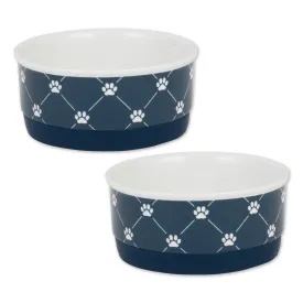 Navy Trellis Paw Print Pet Bowl Set/2, Small - 3/4 C Capacity